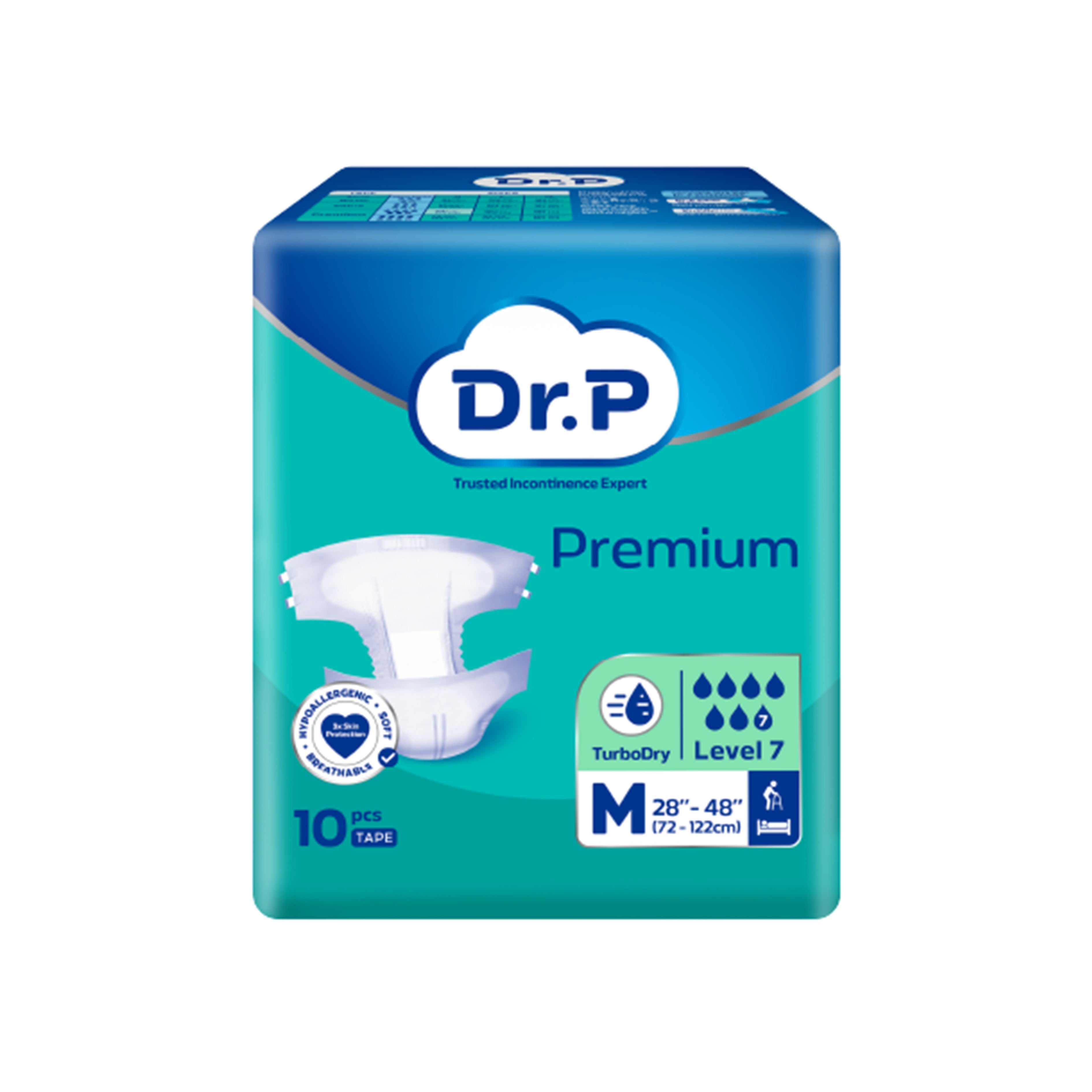 Dr. P Premium Adult Diapers Size M 10's (72-122cm / 28-48 inches)