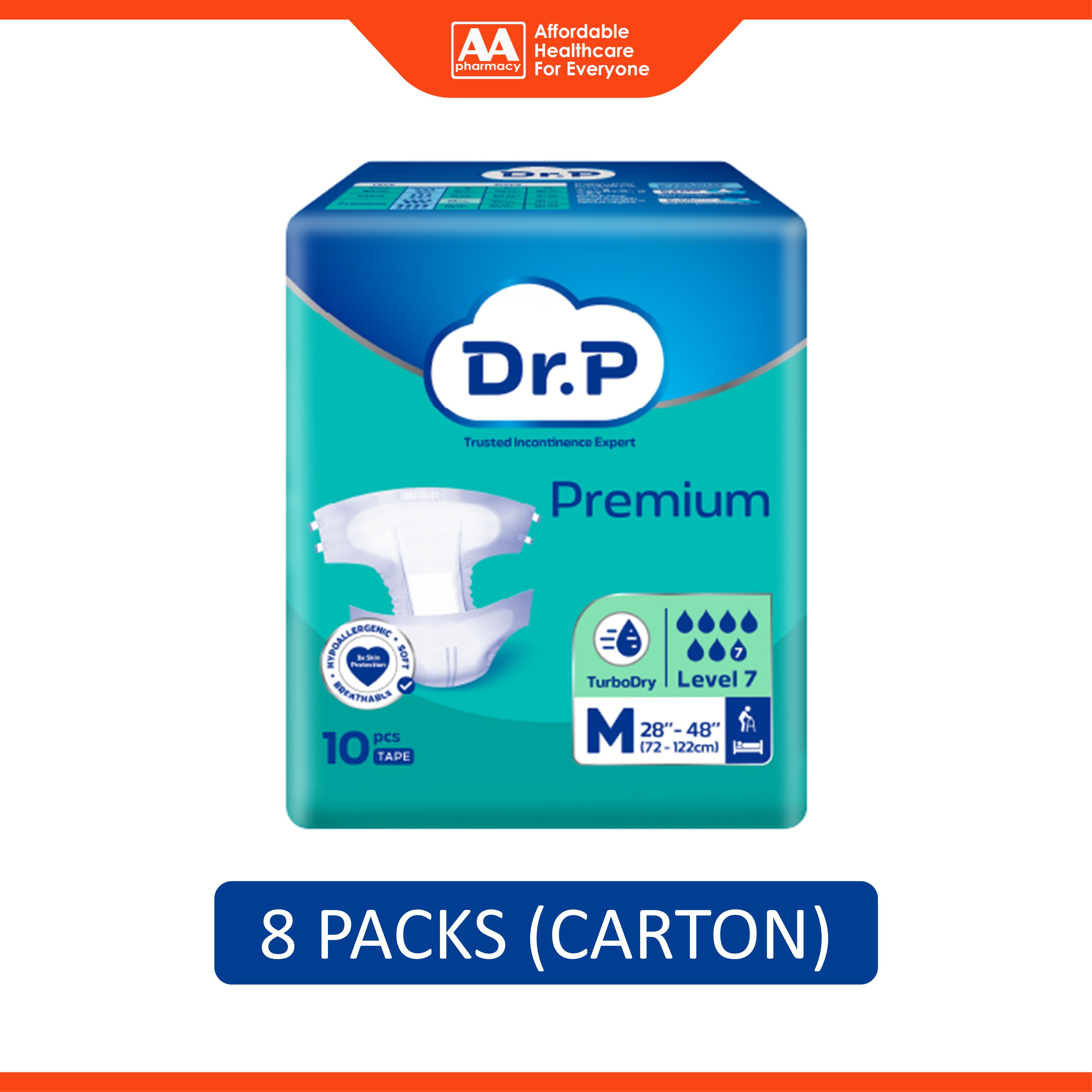 Dr. P Premium Adult Diapers Size M 10's (72-122cm / 28-48 inches) [8 Packs/Carton]