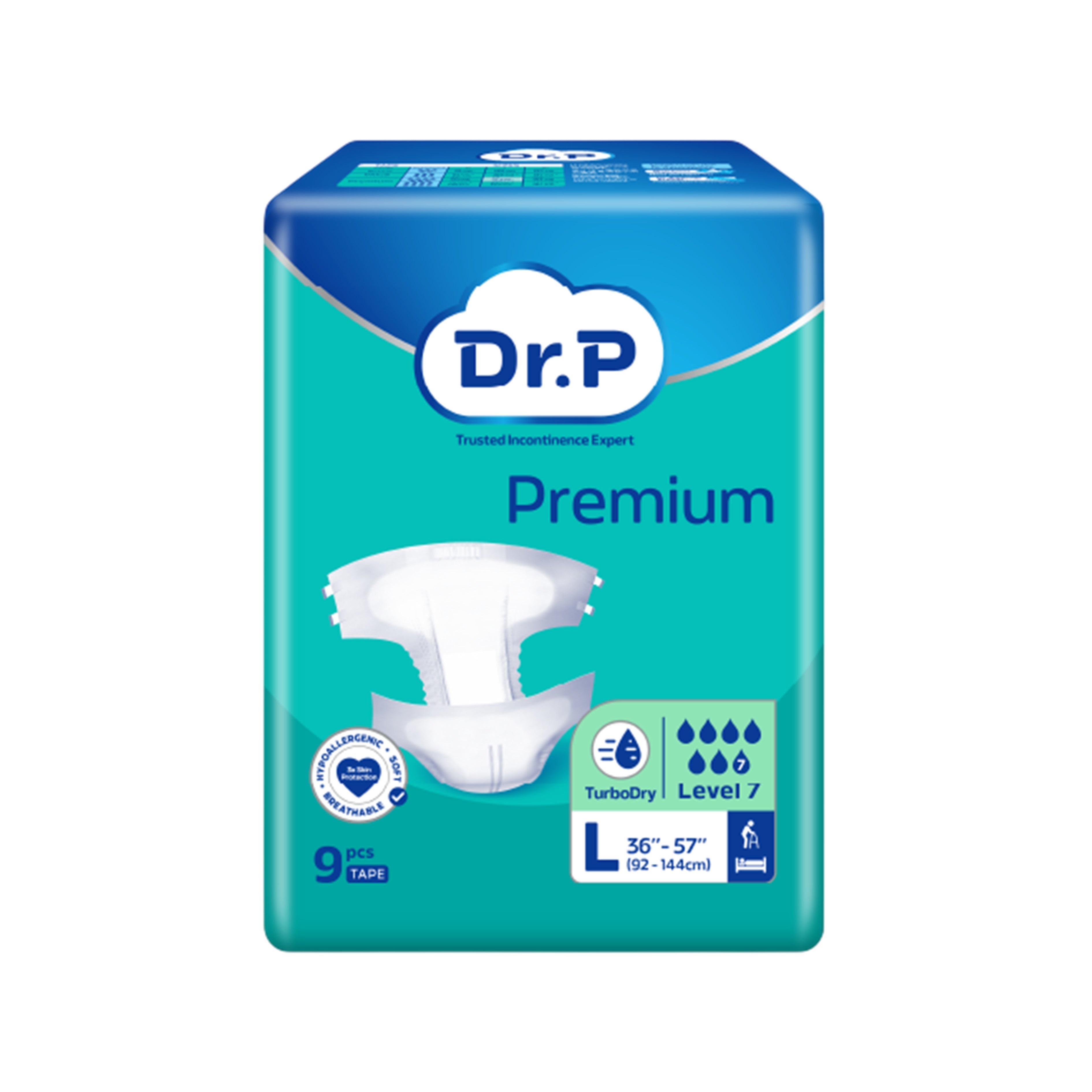 Dr. P Premium Adult Diapers Size L 9's (92-144cm / 36-57 inches)