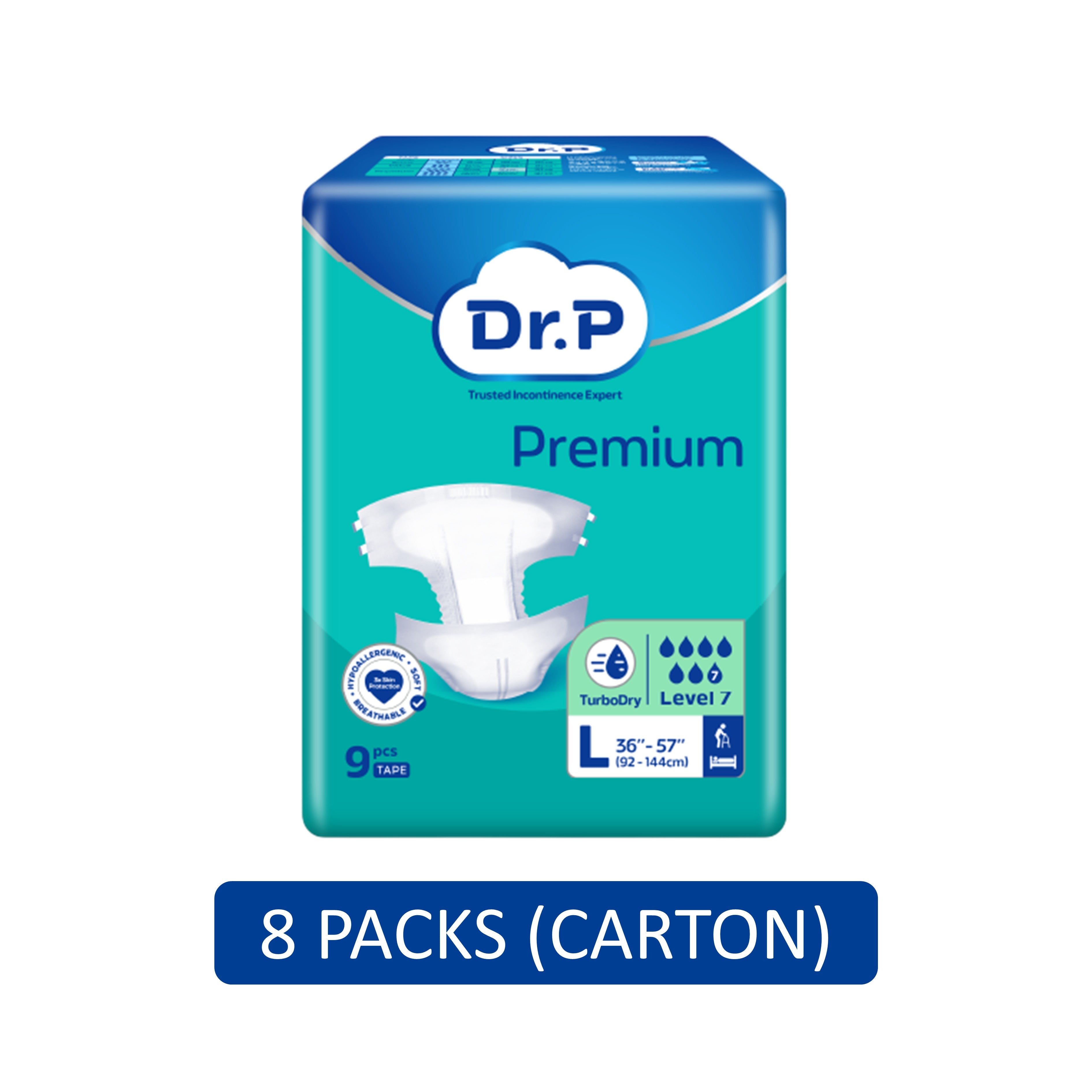 Dr. P Premium Adult Diapers Size L 9's (92-144cm / 36-57 inches) [8 Packs/Carton]