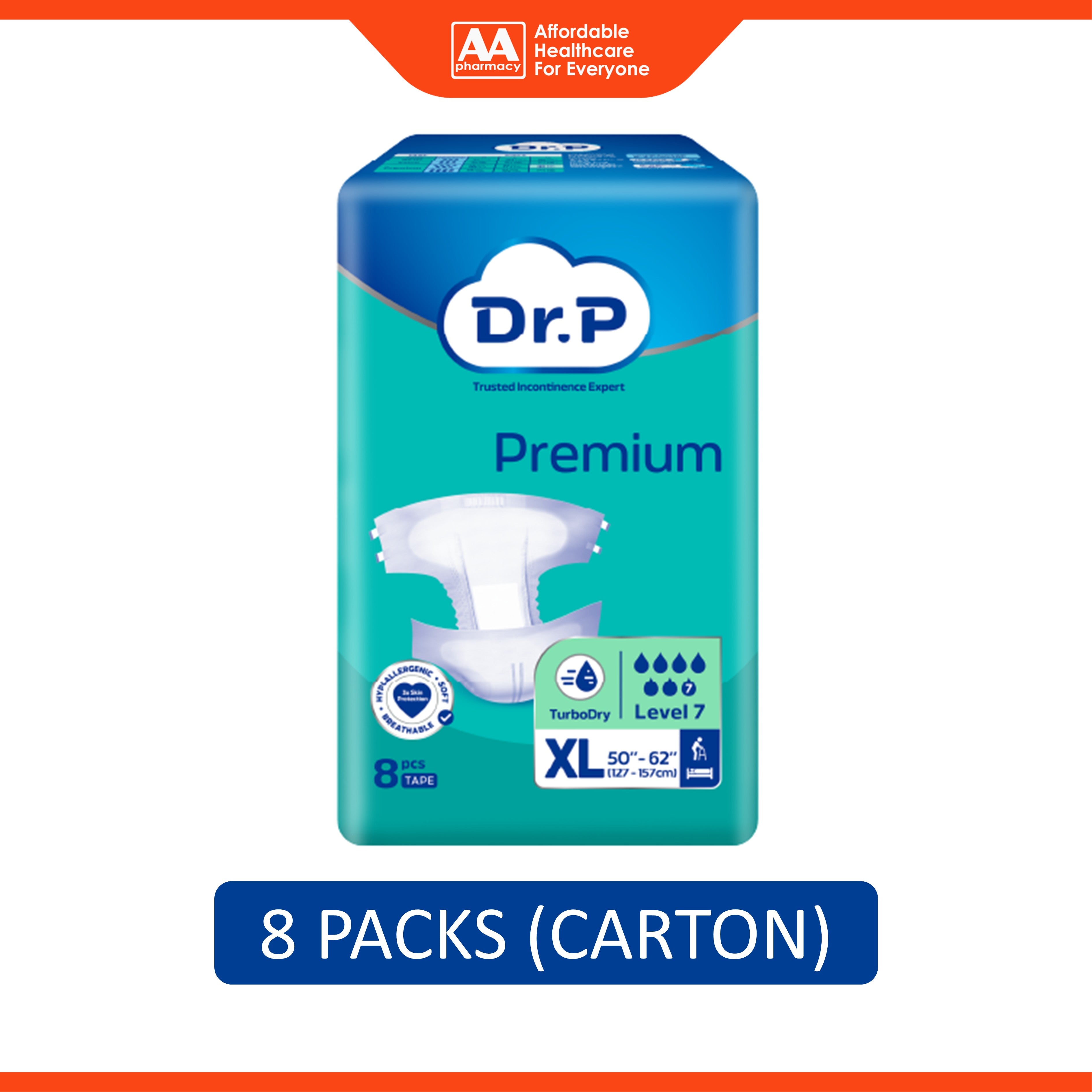 Dr. P Premium Adult Diapers Size XL 8's (127-157cm / 50-62 inches) [8 Packs/Carton]