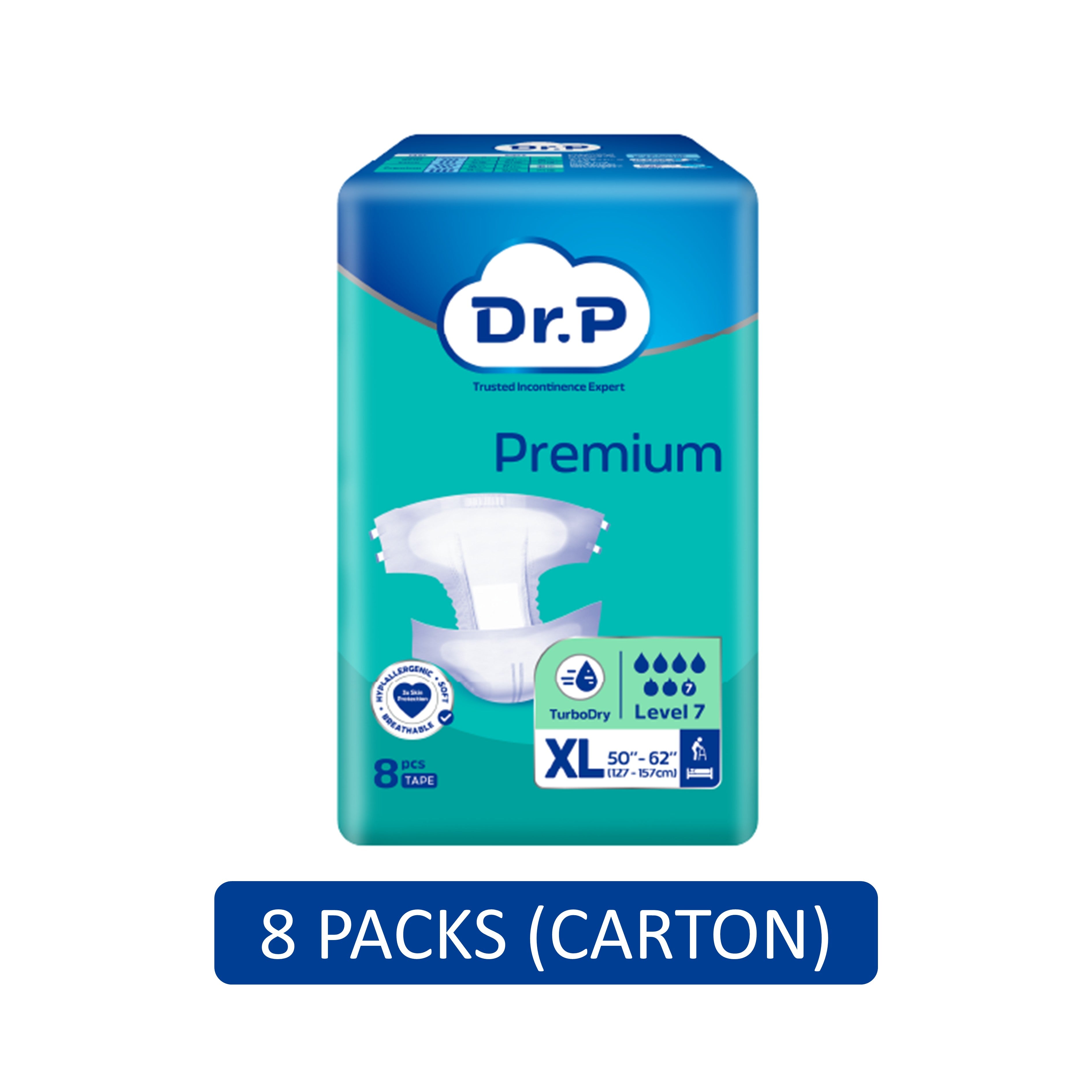 Dr. P Premium Adult Diapers Size XL 8's (127-157cm / 50-62 inches) [8 Packs/Carton]