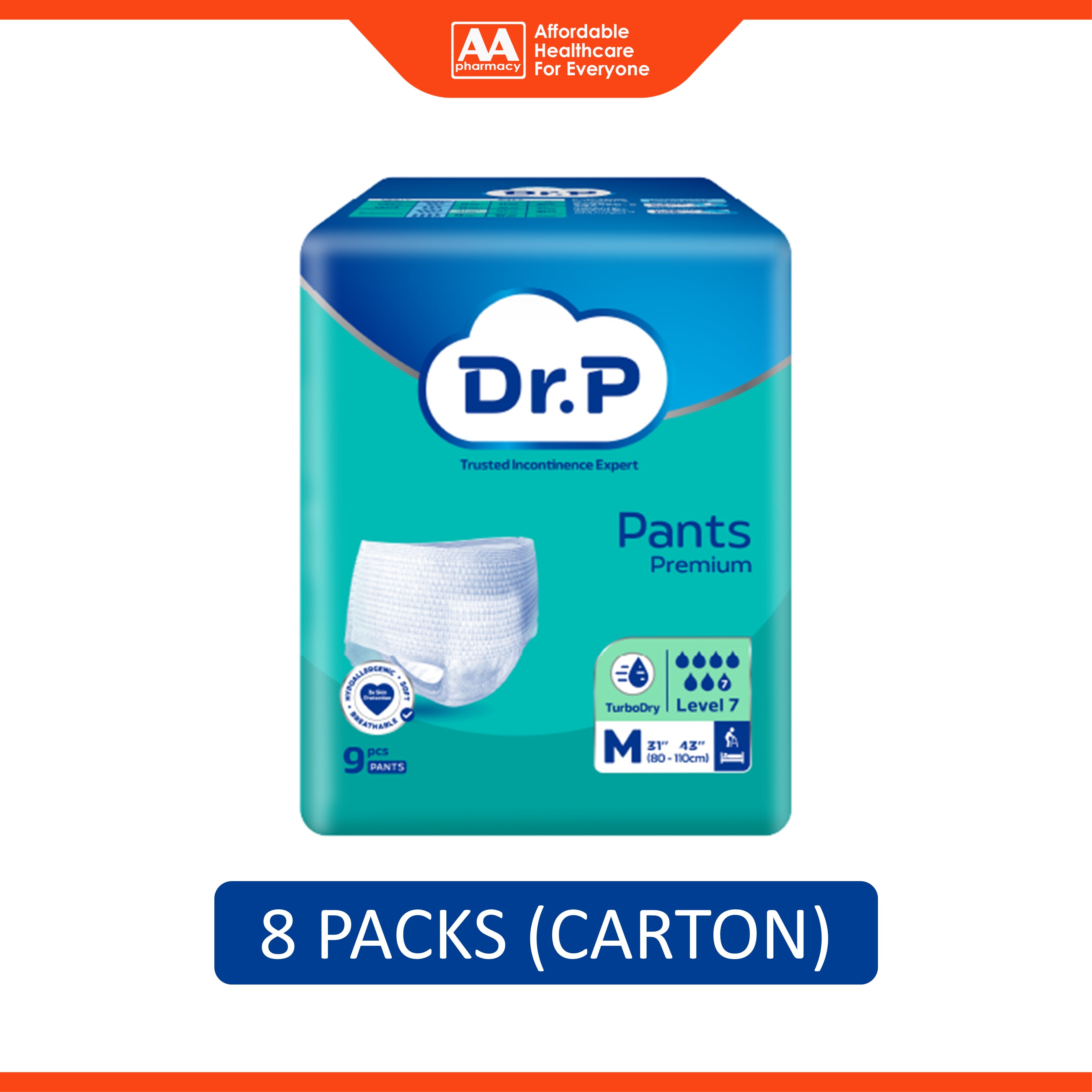Dr. P Premium Adult Pants Size M 9's (80-110cm / 31-43 inches) [8 Packs/Carton]