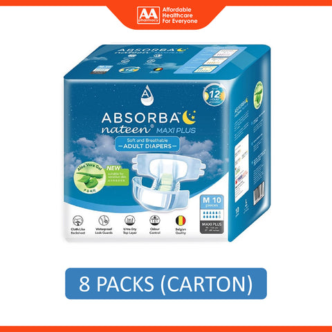 Absorba Nateen Maxi Plus Adult Diapers Size M 10's (95-125cm / 37-49 inches) [8 Packs/Carton]
