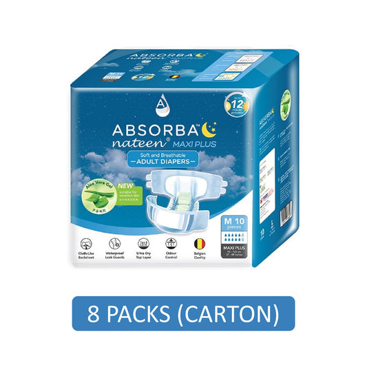 Absorba Nateen Maxi Plus Adult Diapers Size M 10's (95-125cm / 37-49 inches) [8 Packs/Carton]