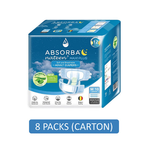 Absorba Nateen Maxi Plus Adult Diapers Size M 10's (95-125cm / 37-49 inches) [8 Packs/Carton]