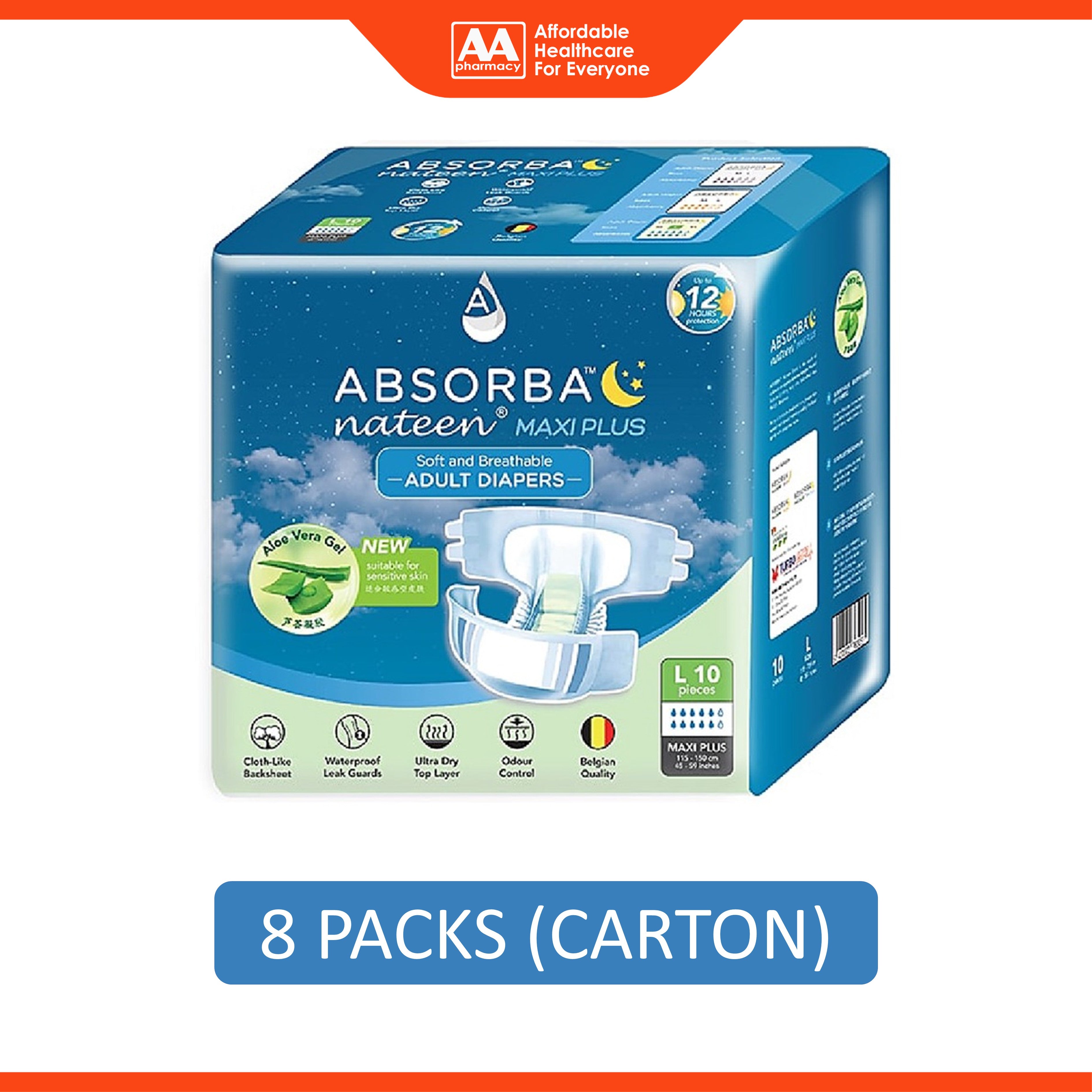 Absorba Nateen Maxi Plus Adult Diapers Size L 10's (115-150cm / 45-59 inches) [8 Packs/Carton]