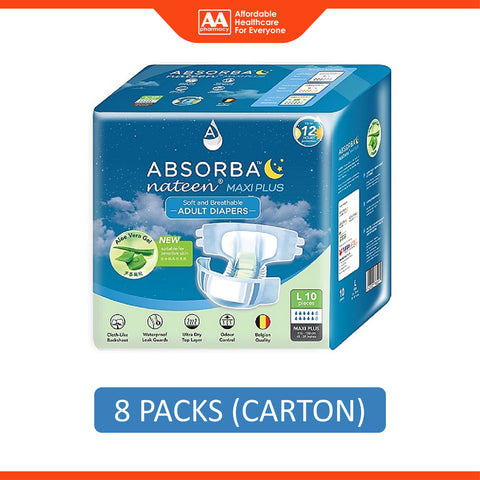 Absorba Nateen Maxi Plus Adult Diapers Size L 10's (115-150cm / 45-59 inches) [8 Packs/Carton]