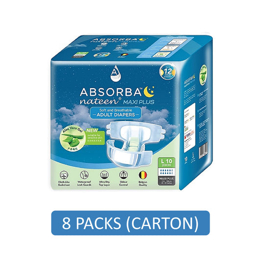 Absorba Nateen Maxi Plus Adult Diapers Size L 10's (115-150cm / 45-59 inches) [8 Packs/Carton]