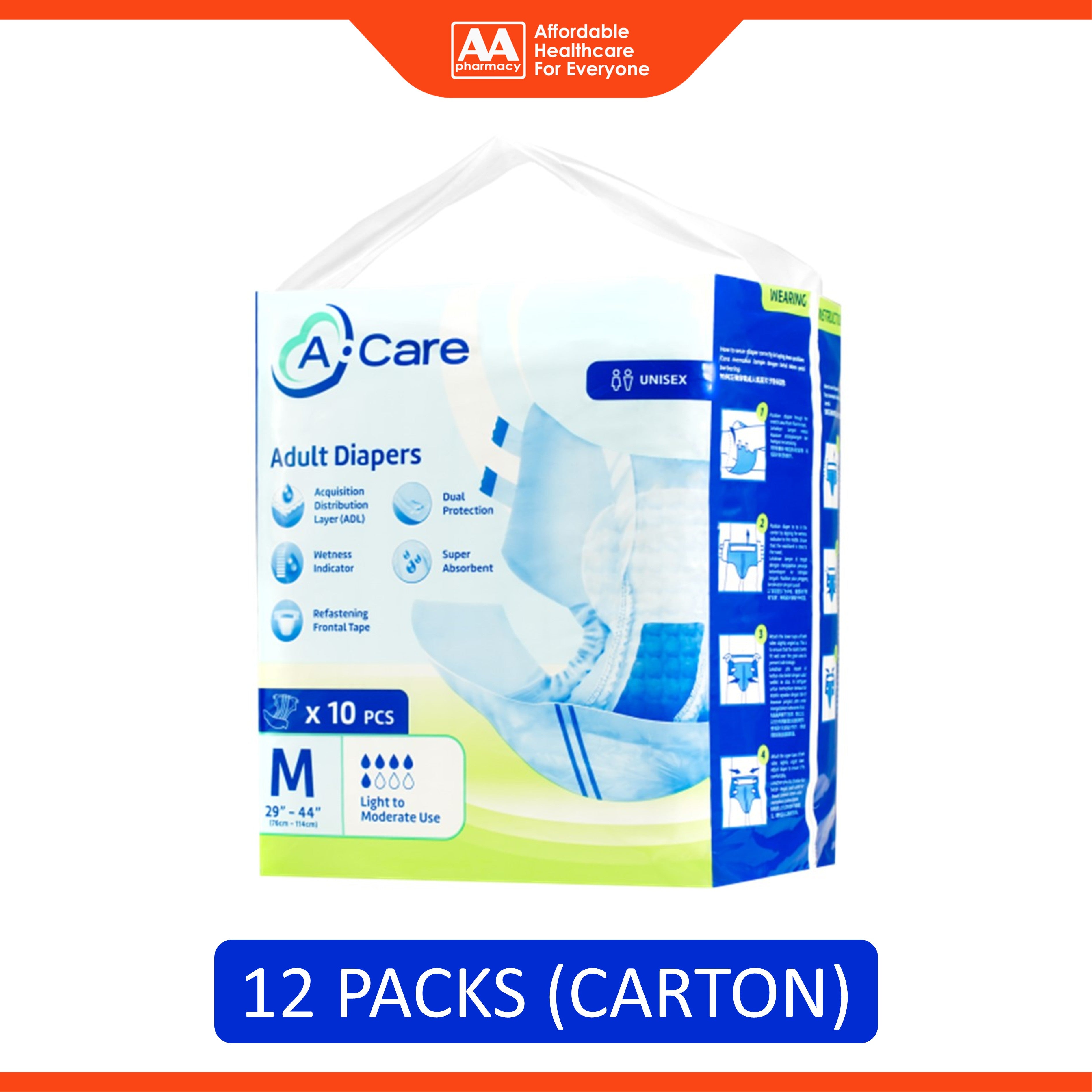 A-Care Adult Diapers Size M 10's (76-114cm / 29-44 inches) [12 Packs/Carton]