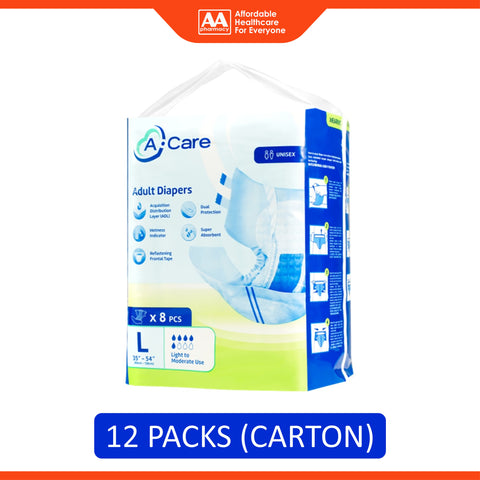 A-Care Adult Diapers Size L 8's (90-139cm / 35-54 inches) [12 Packs/Carton]