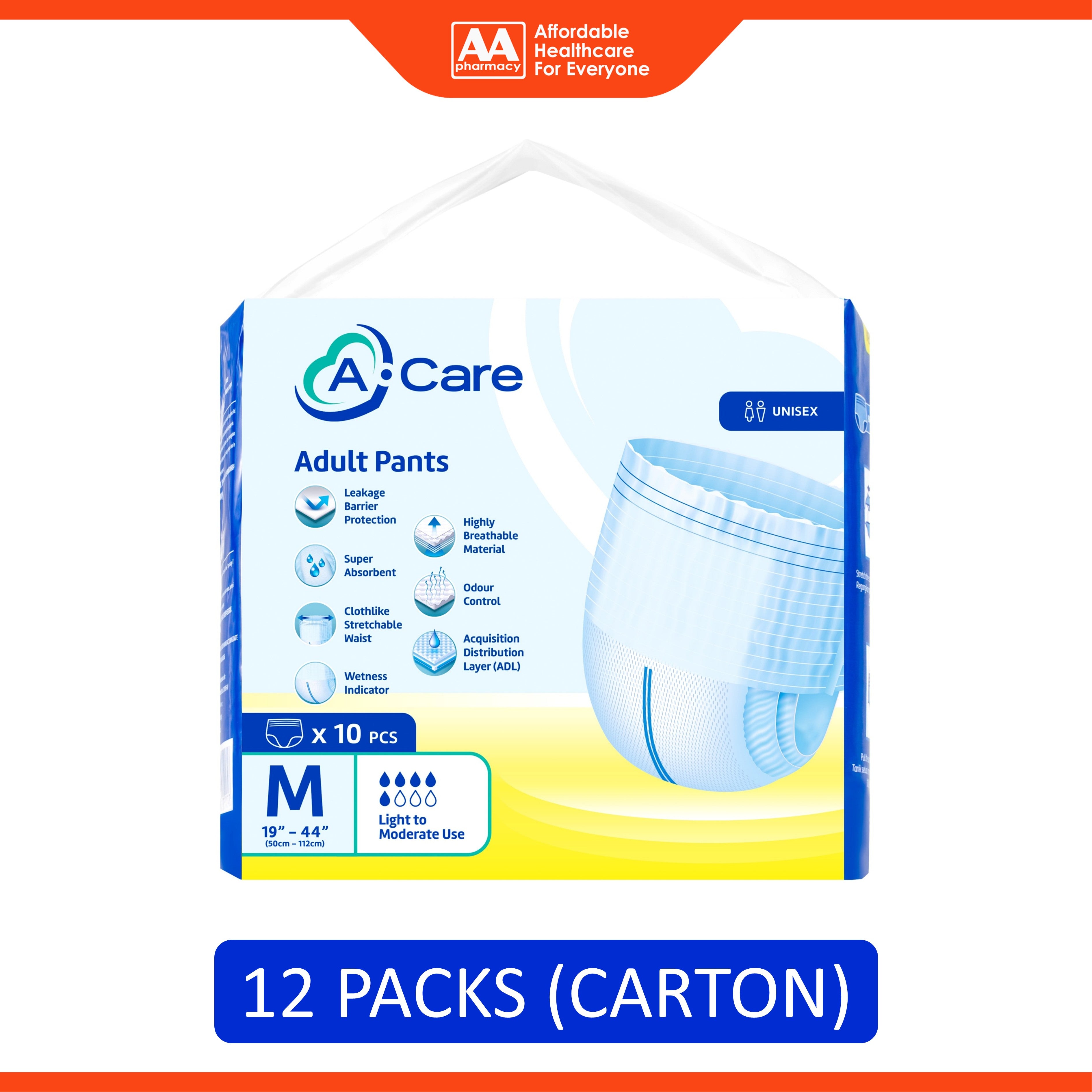A-Care Adult Pants Size M 10's (50-112cm / 19-44 inches) [12 Packs/Carton]