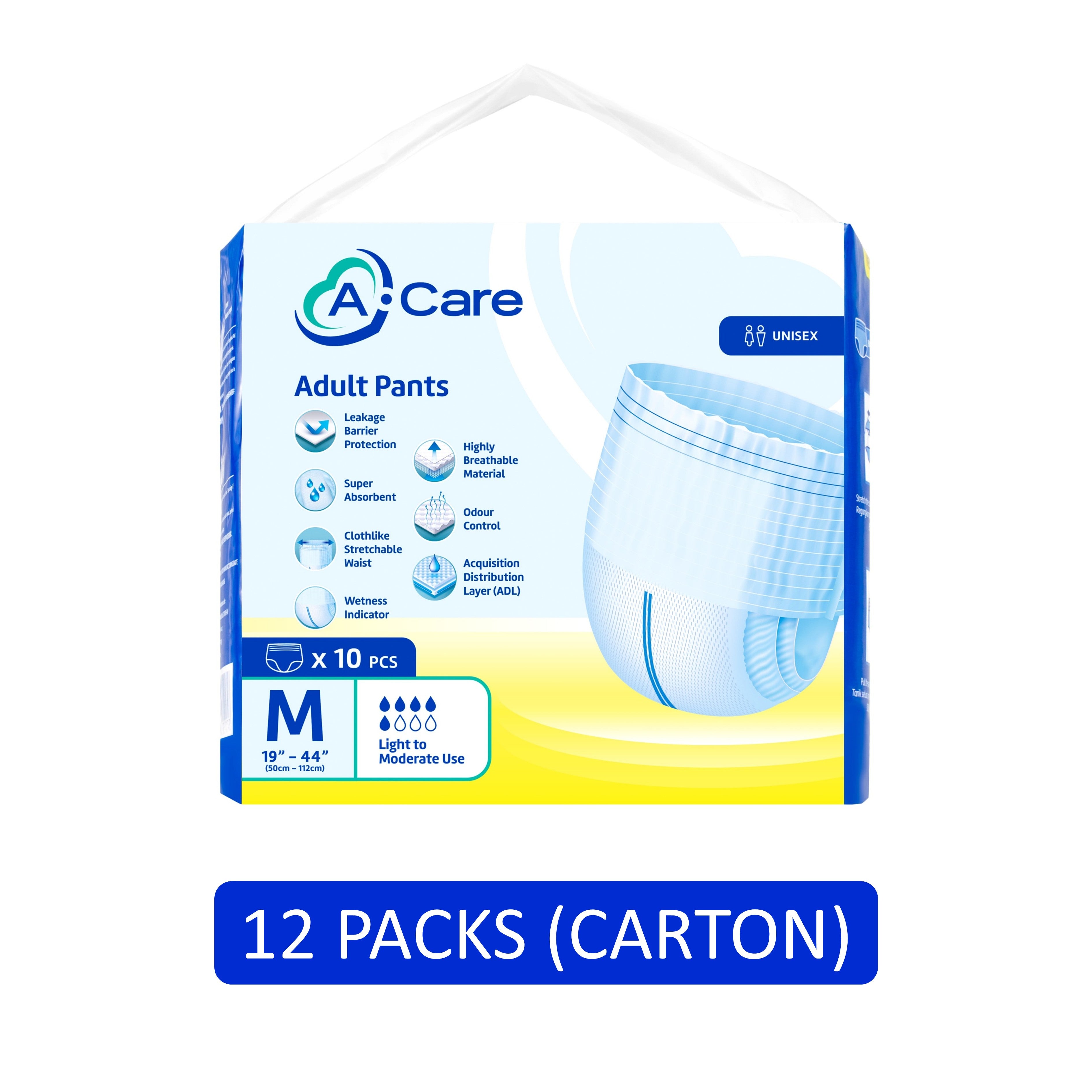A-Care Adult Pants Size M 10's (50-112cm / 19-44 inches) [12 Packs/Carton]