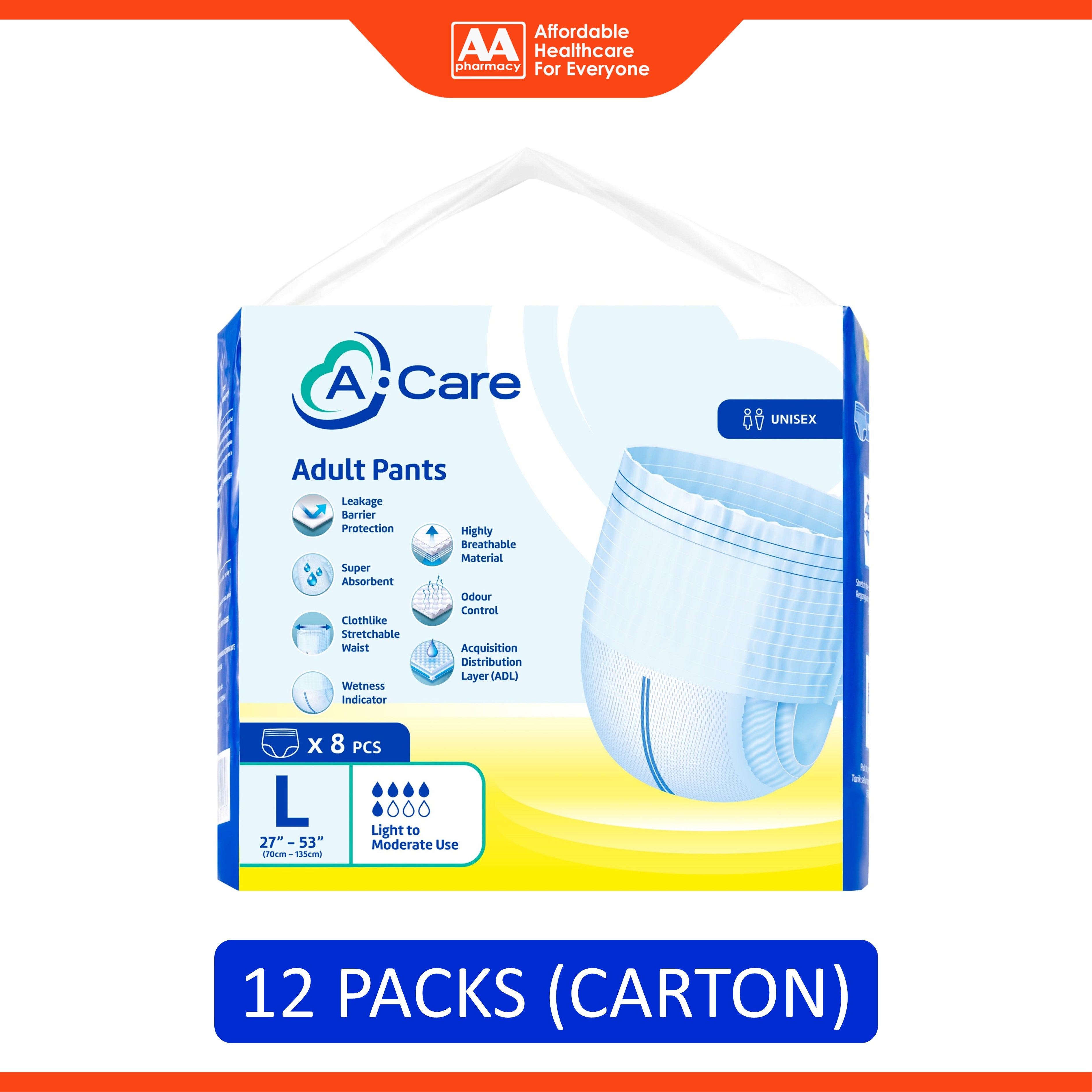 A-Care Adult Pants Size L 8's (70-135cm / 27-53 inches) [12 Packs/Carton]