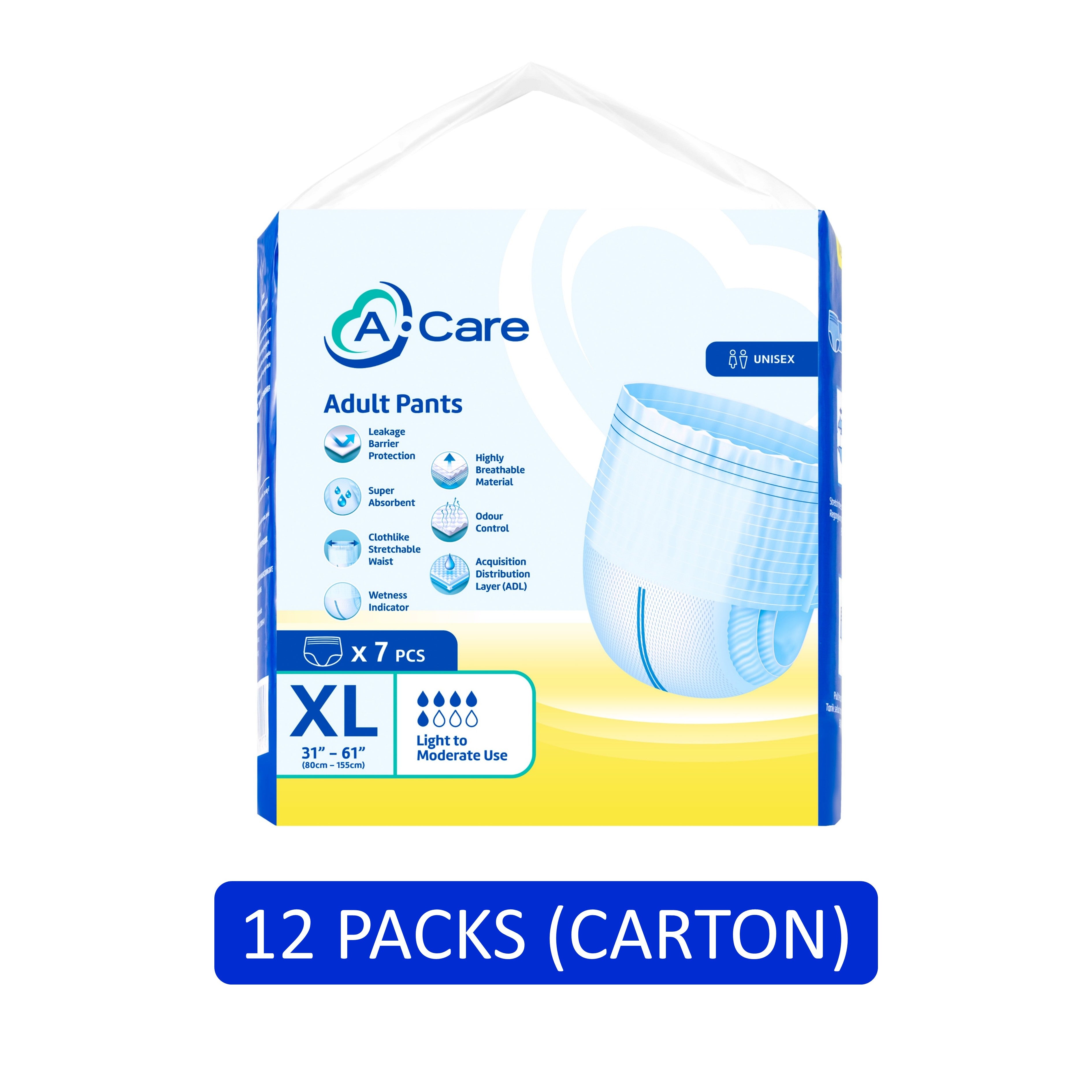 A-Care Adult Pants Size XL 7's (80-155cm / 31-61 inches) [12 Packs/Carton]