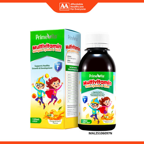 PrimeVite Multivitamin with Lysine and Zinc Syrup 120mL (Orange & Peach Flavour)