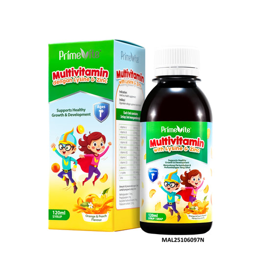 PrimeVite Multivitamin with Lysine and Zinc Syrup 120mL (Orange & Peach Flavour)