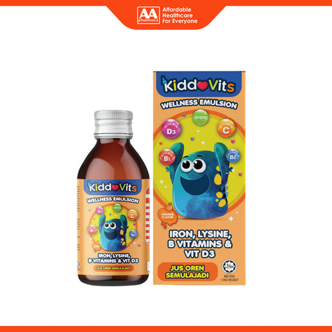 KiddoVits Wellness Emulsion [Iron, Lysine, B Vitamins & Vit D3] 120mL (Orange Flavour)