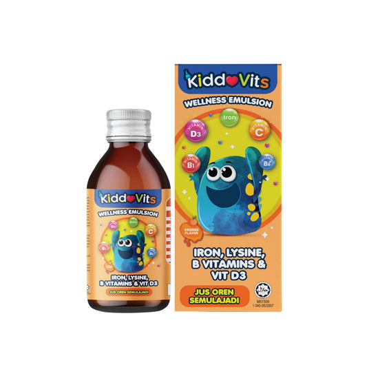 KiddoVits Wellness Emulsion [Iron, Lysine, B Vitamins & Vit D3] 120mL (Orange Flavour)