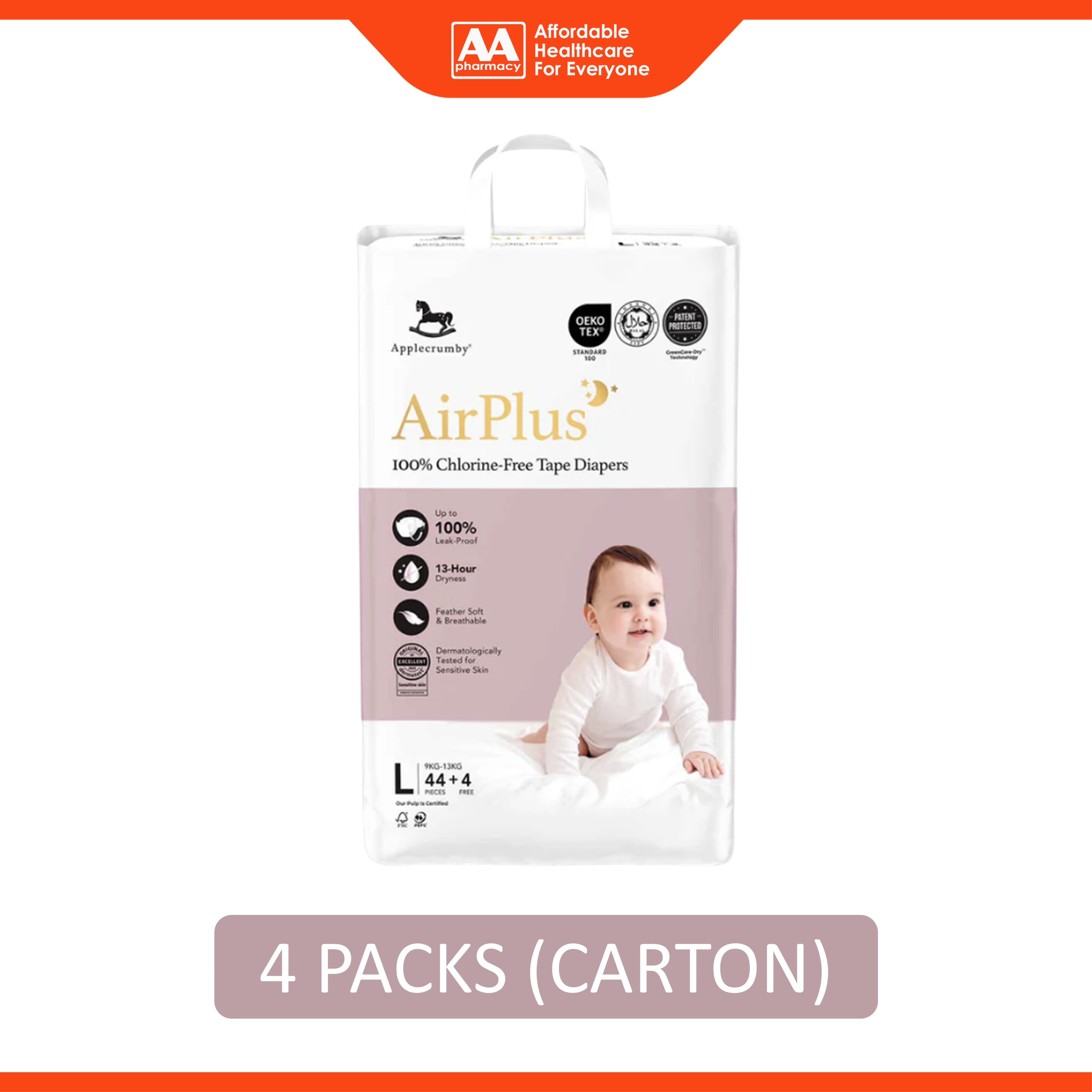 Applecrumby AirPlus Baby Tape Diapers Size L 44's+4's (For 9-13kg) [4 Packs/Carton]