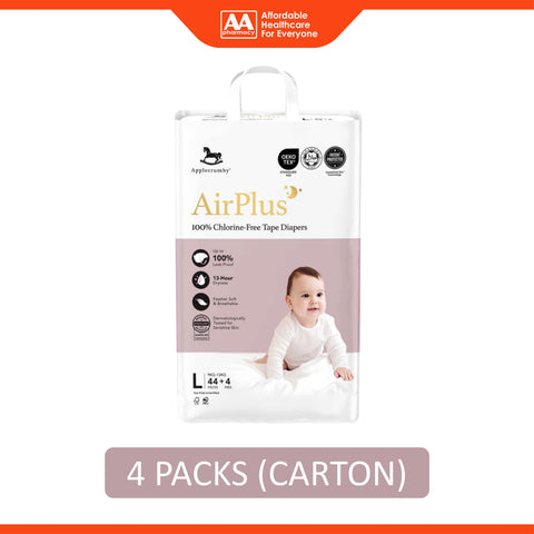Applecrumby AirPlus Baby Tape Diapers Size L 44's+4's (For 9-13kg) [4 Packs/Carton]