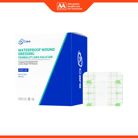 A-Care Waterproof Wound Dressing (Transparent with Absorbent Pad) Size 6cm x 7cm 50's