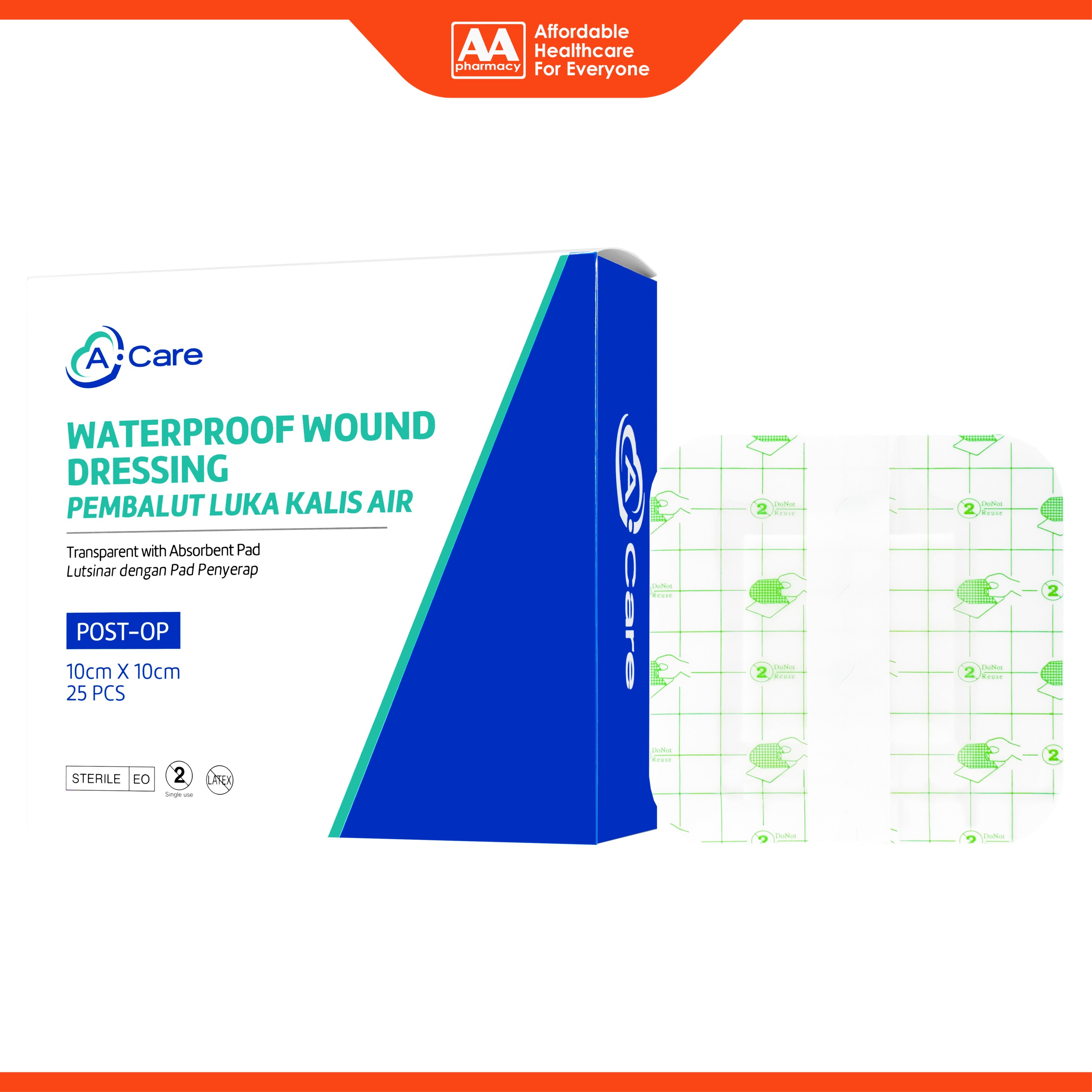 A-Care Waterproof Wound Dressing (Transparent with Absorbent Pad) Size 10cm x 10cm 25's