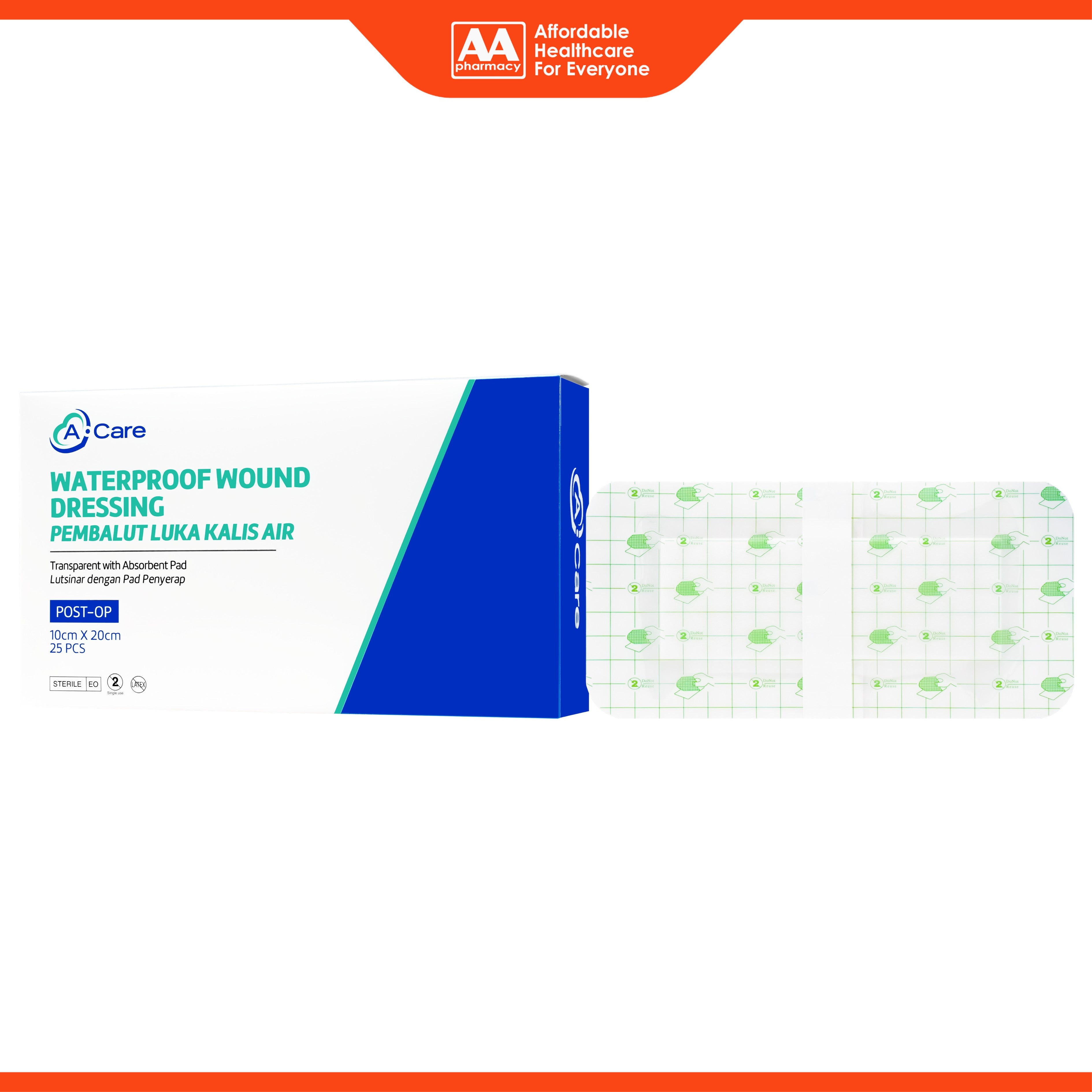 A-Care Waterproof Wound Dressing (Transparent with Absorbent Pad) Size 10cm x 20cm 25's
