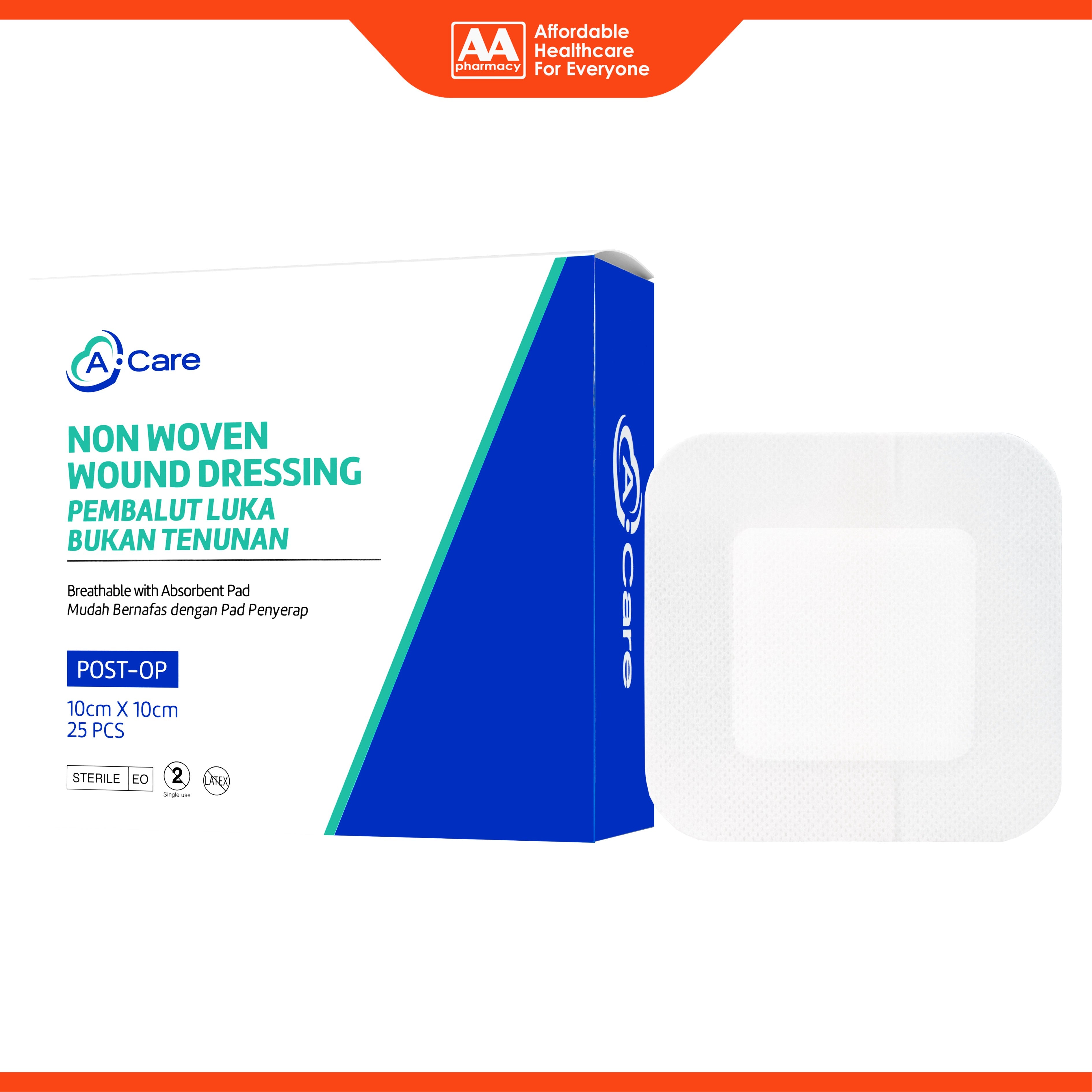 A-Care Non Woven Wound Dressing (Breathable with Absorbent Pad) Size 10cm x 10cm 25's