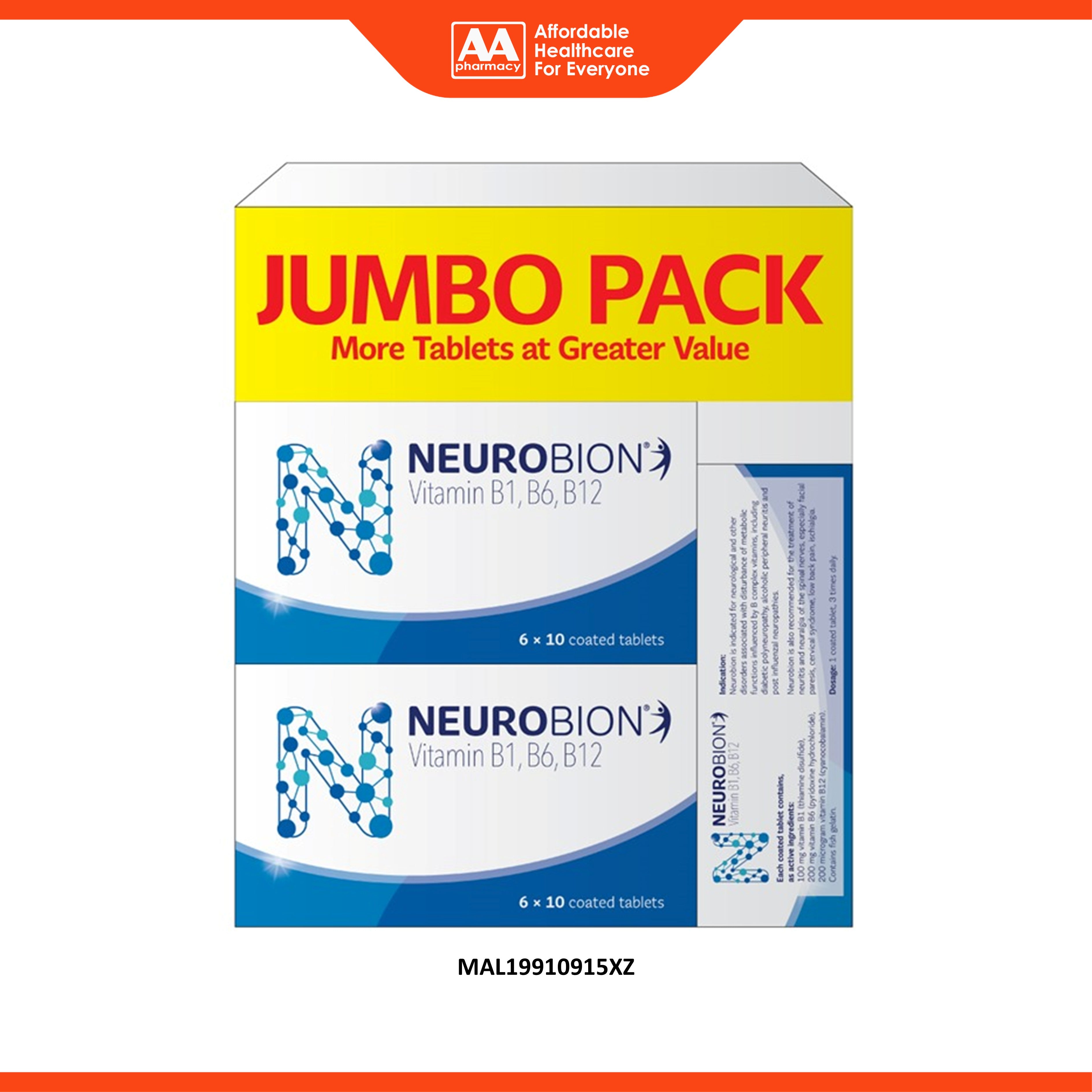 Neurobion (Vitamin B1, B6, B12) Tablet 2x60's FOC 30's [Jumbo Pack]