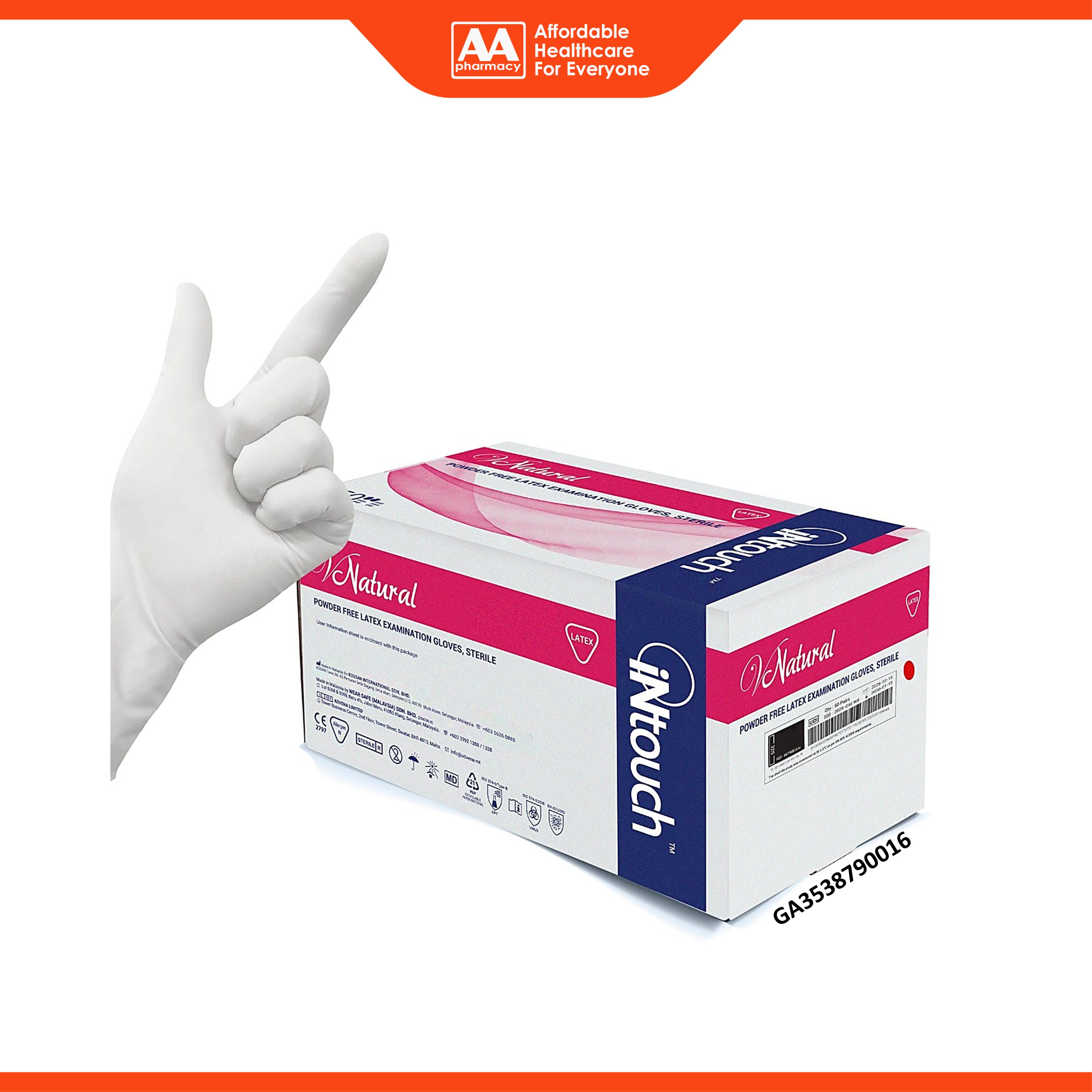 iNtouch V Natural Powder Free Sterile Latex Examination Gloves (Size M) 50 Pairs