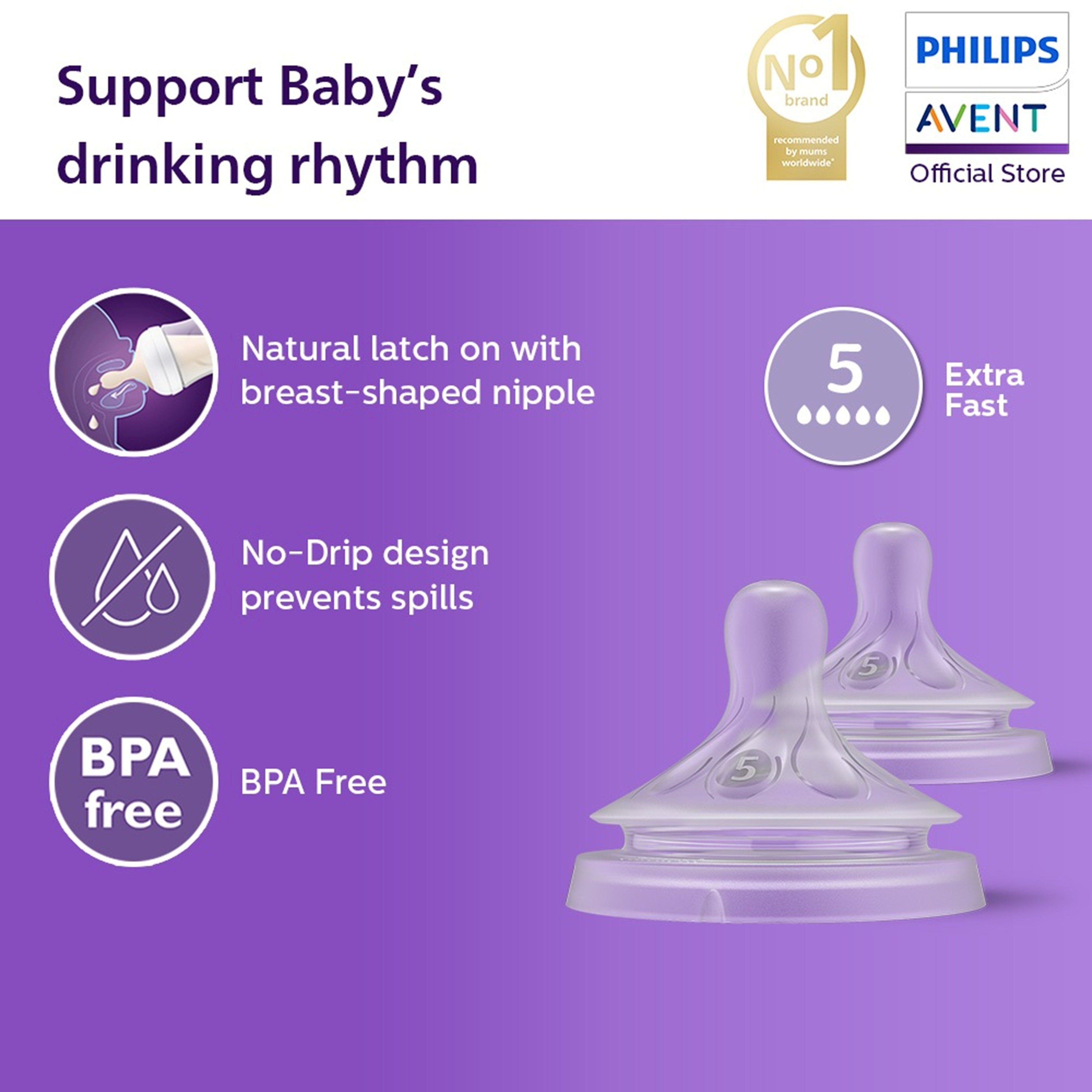 Philips Avent Natural Response Teat (5, Extra Fast / SCY965/02) 2's