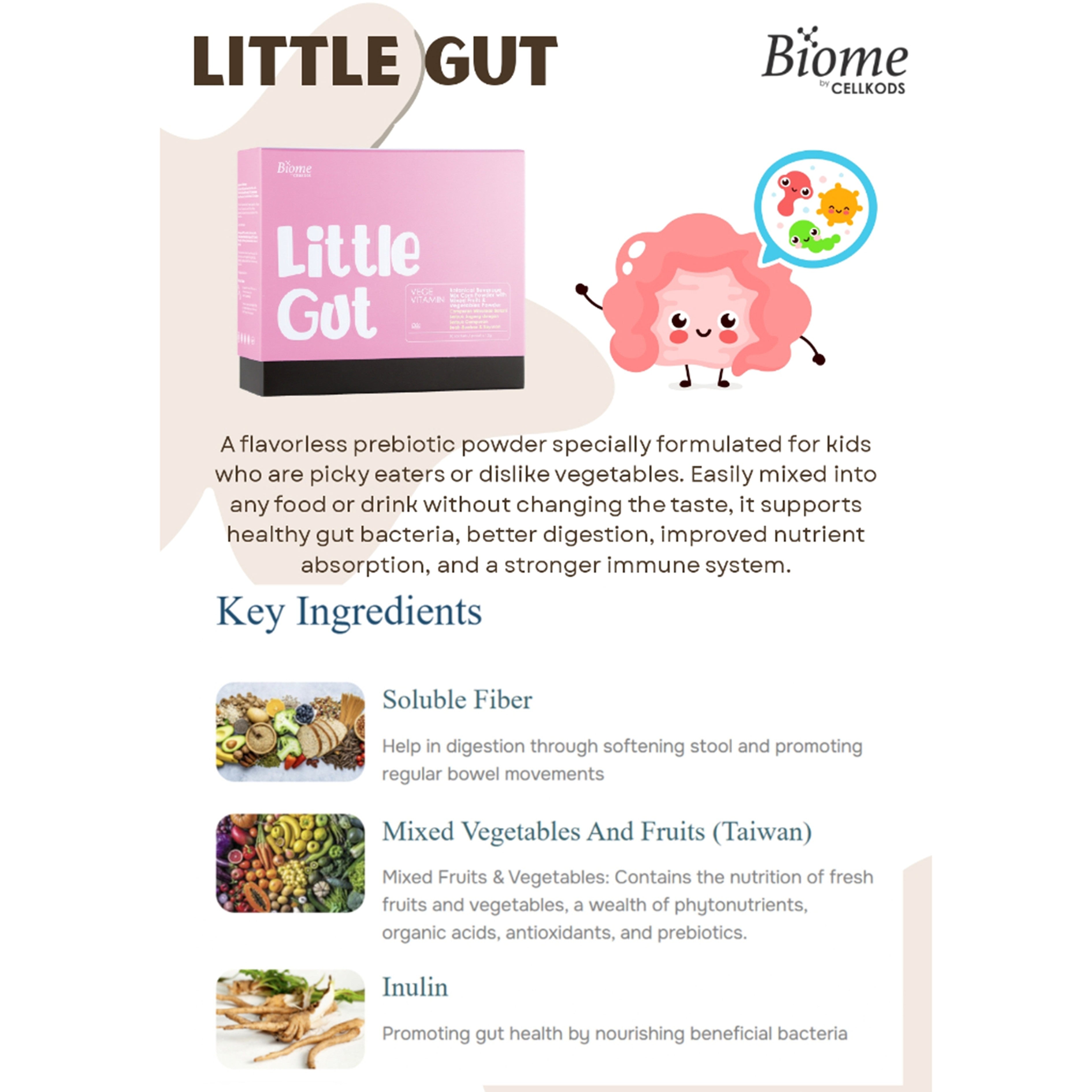 Biome Little Gut Vege Vitamin (Botanical Beverage Mix Corn Powder with Mixed Fruits and Vegetables Powder) Sachet 12gx30's