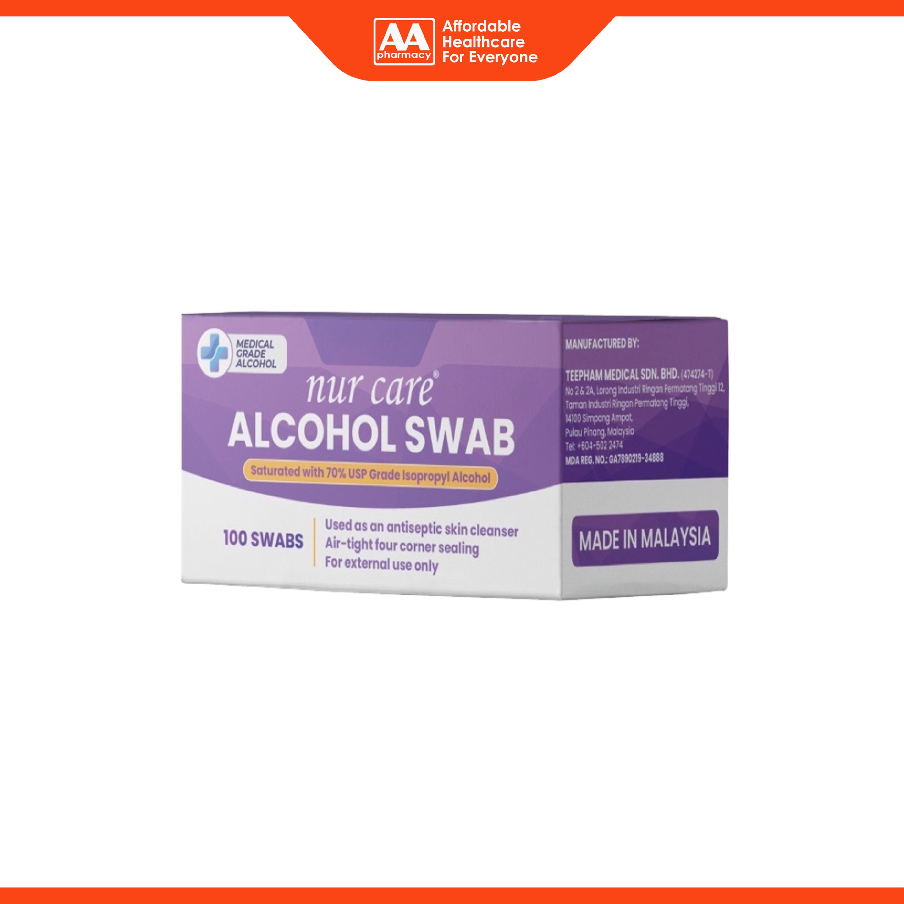 Nur Care Alcohol Swab (70% USP Grade Isopropyl Alcohol) 100's