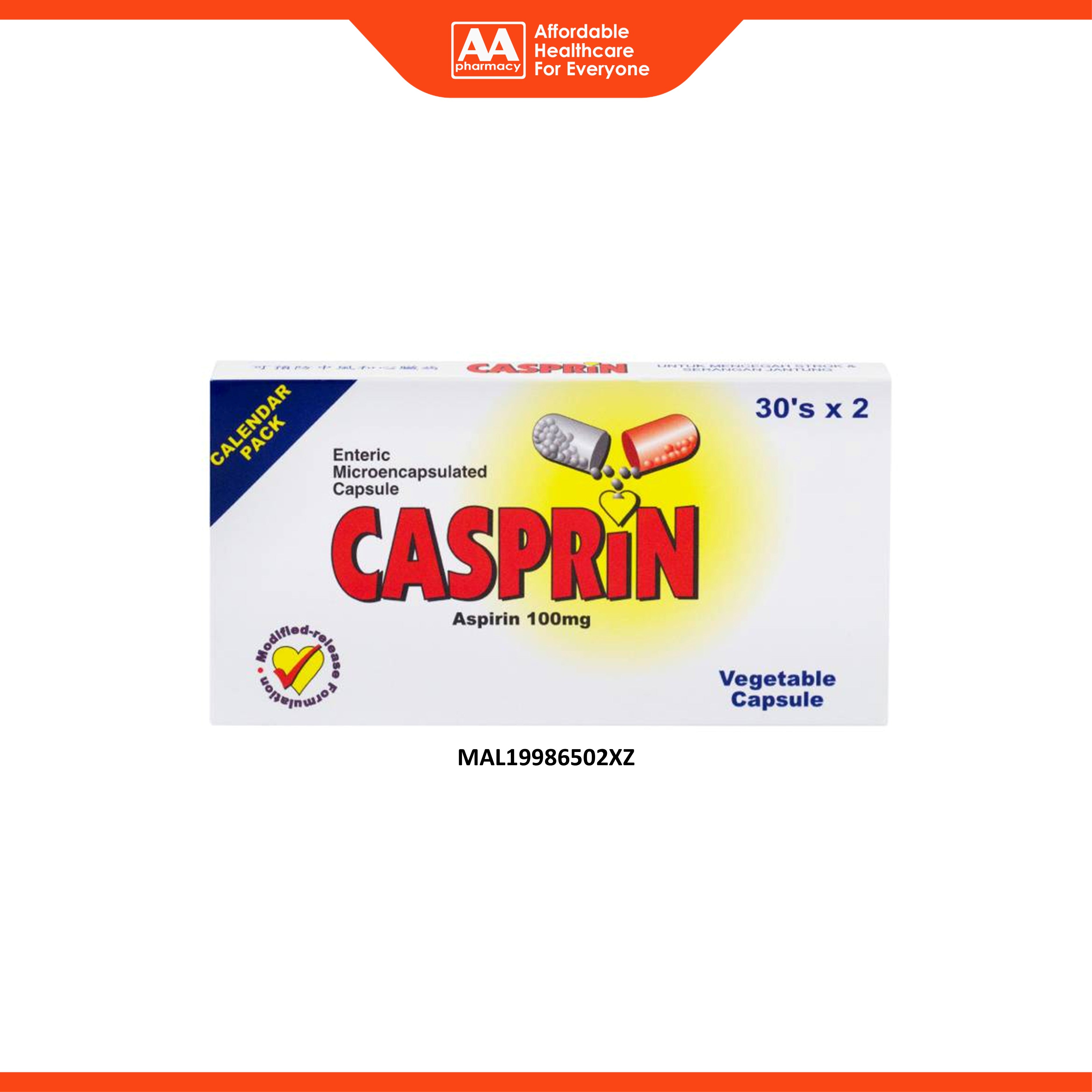 Casprin (Aspirin 100mg) Enteric Microencapsulated Capsule 2x30's