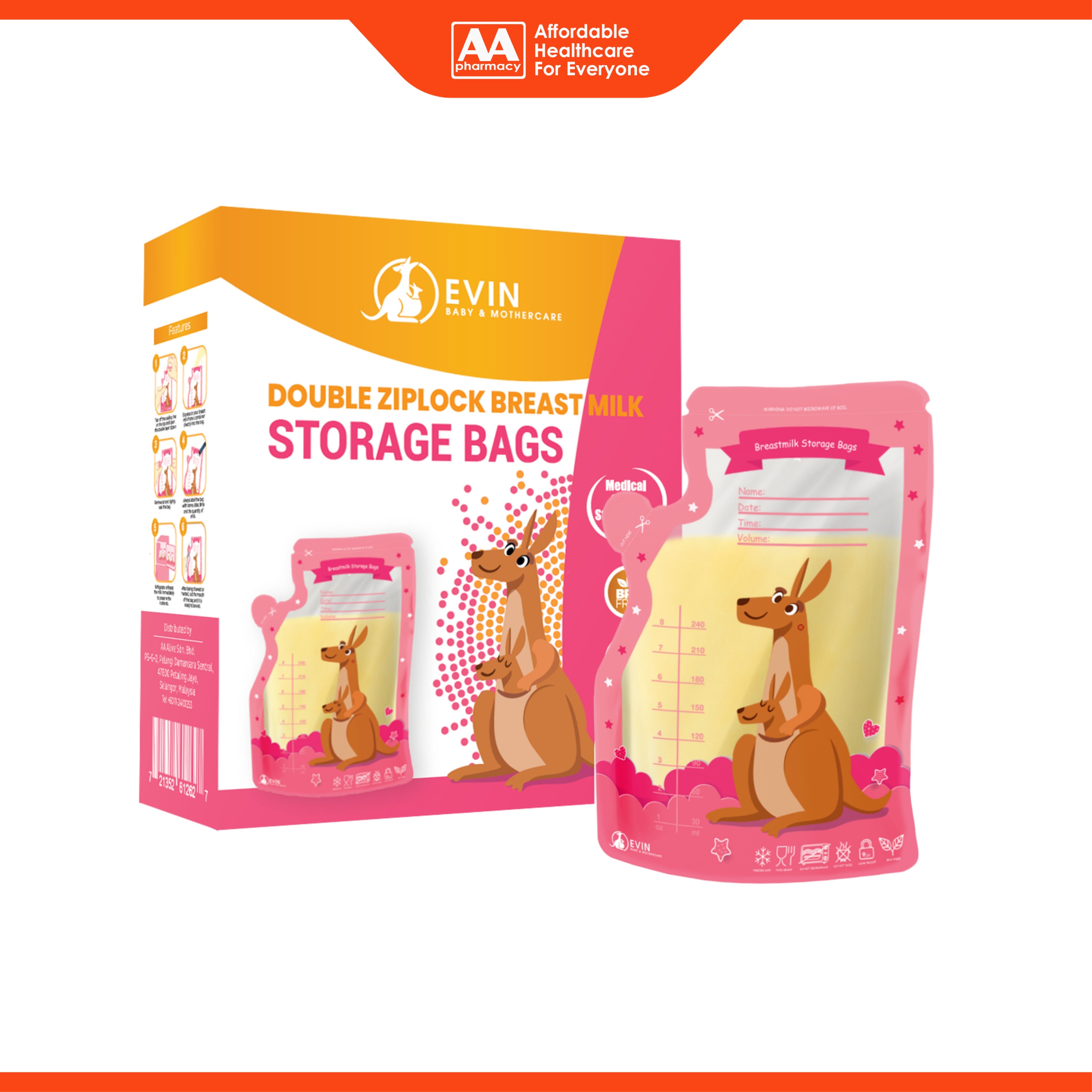 Evin Double Ziplock Breast Milk Storage Bag 8oz/240mL 25's