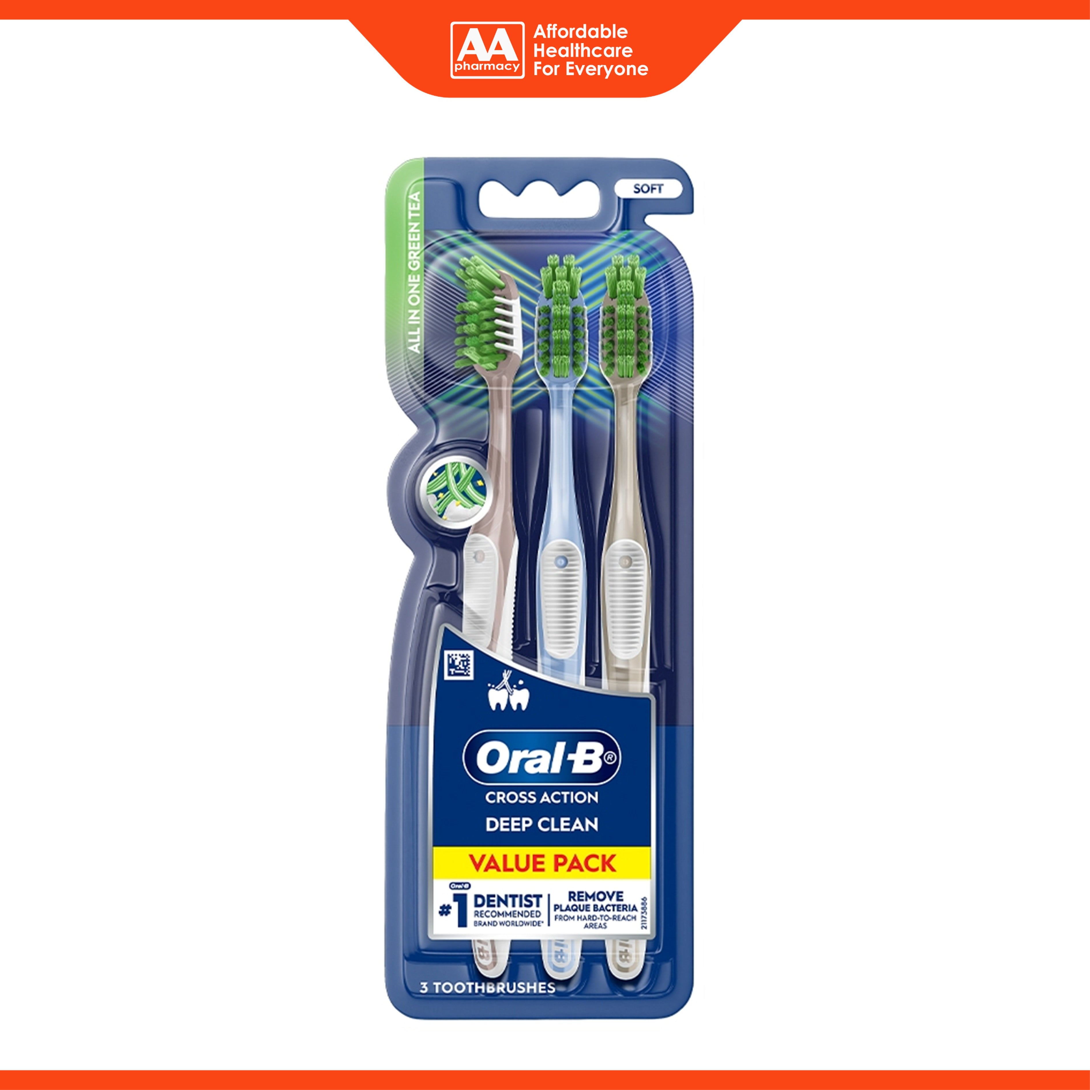 Oral-B Toothbrush - Cross Action Deep Clean, All In One Green Tea, Soft (3's)