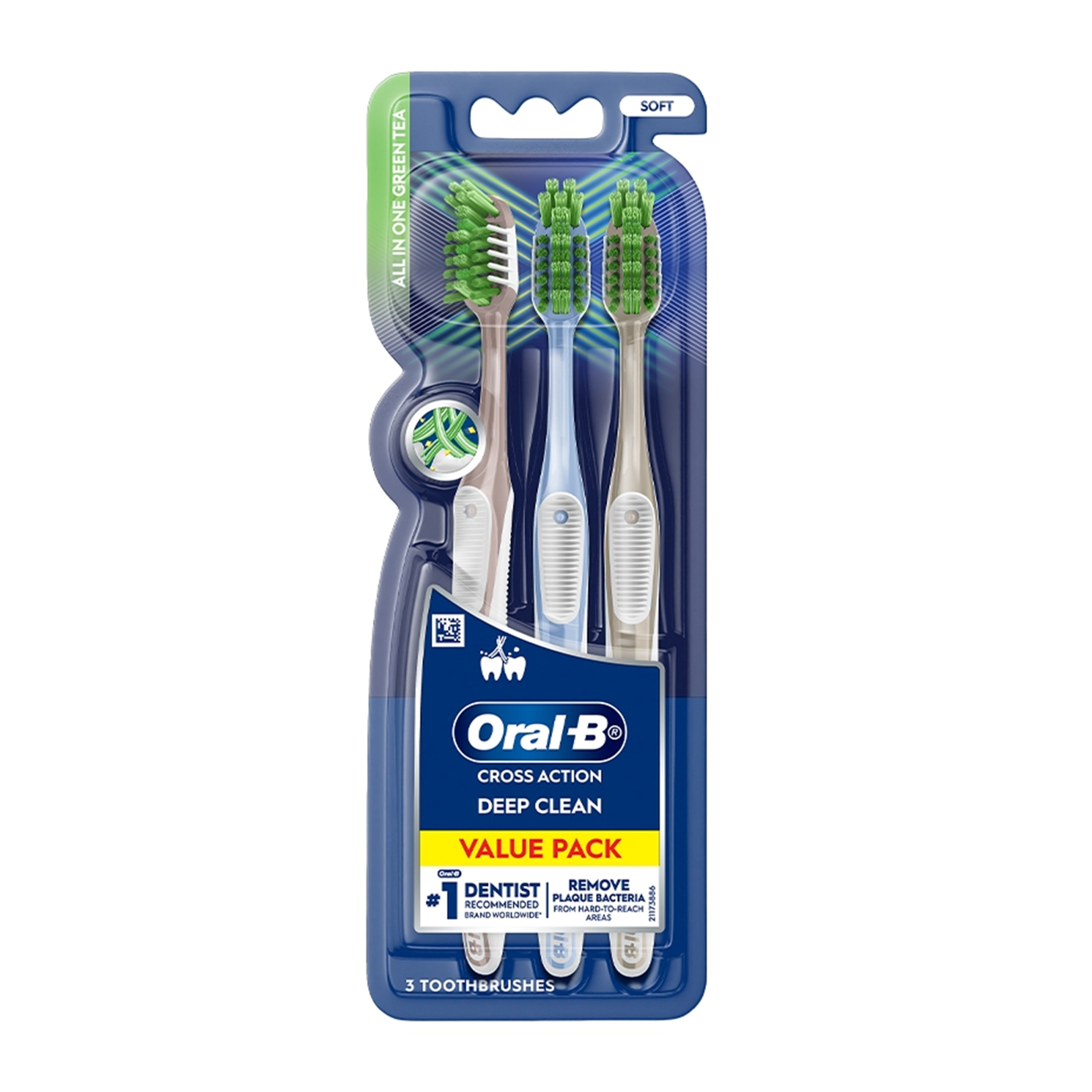 Oral-B Toothbrush - Cross Action Deep Clean, All In One Green Tea, Soft (3's)