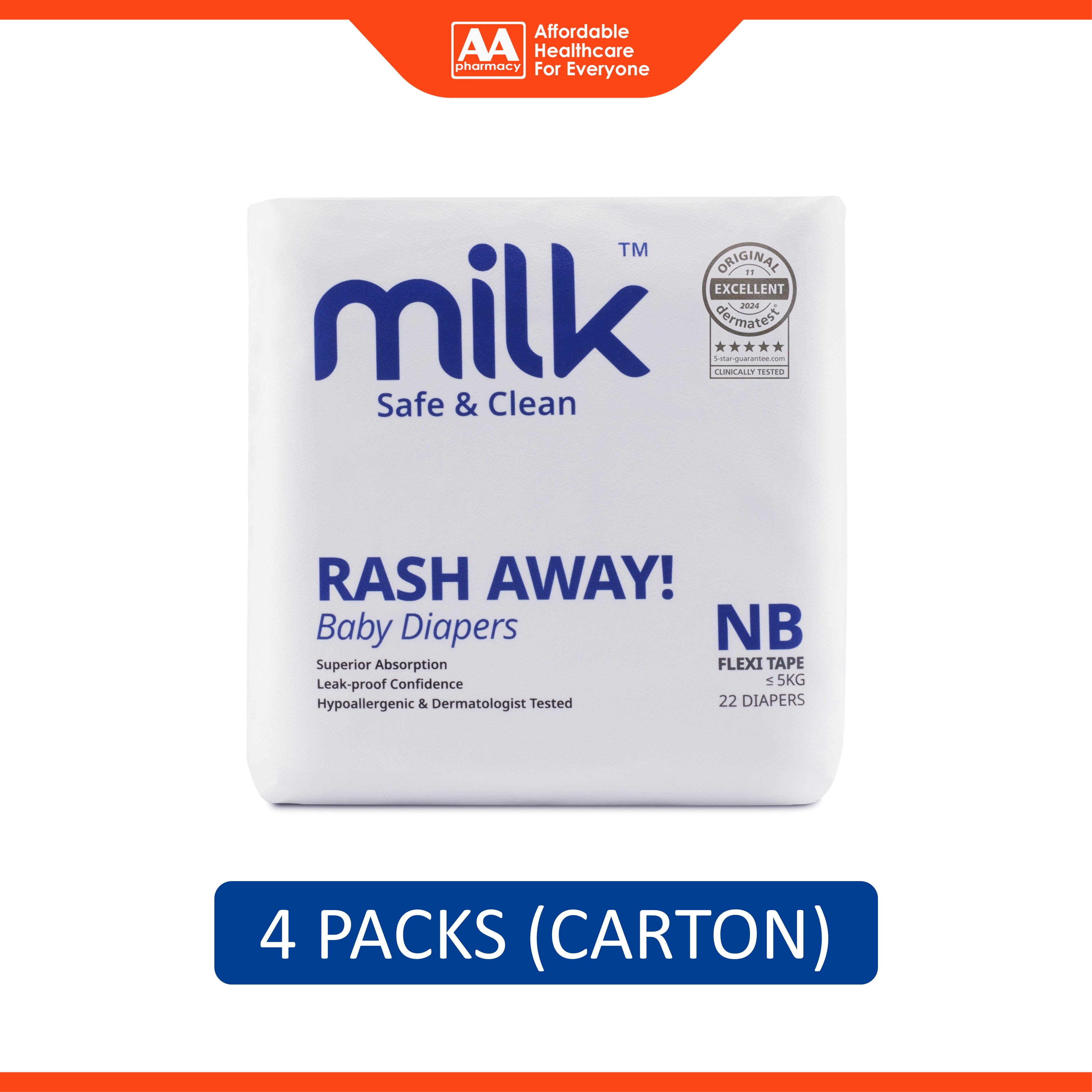 Milk Baby Flexi Tape Diapers - Size NB, For Up To 5kg (4 x 22's) [Carton]