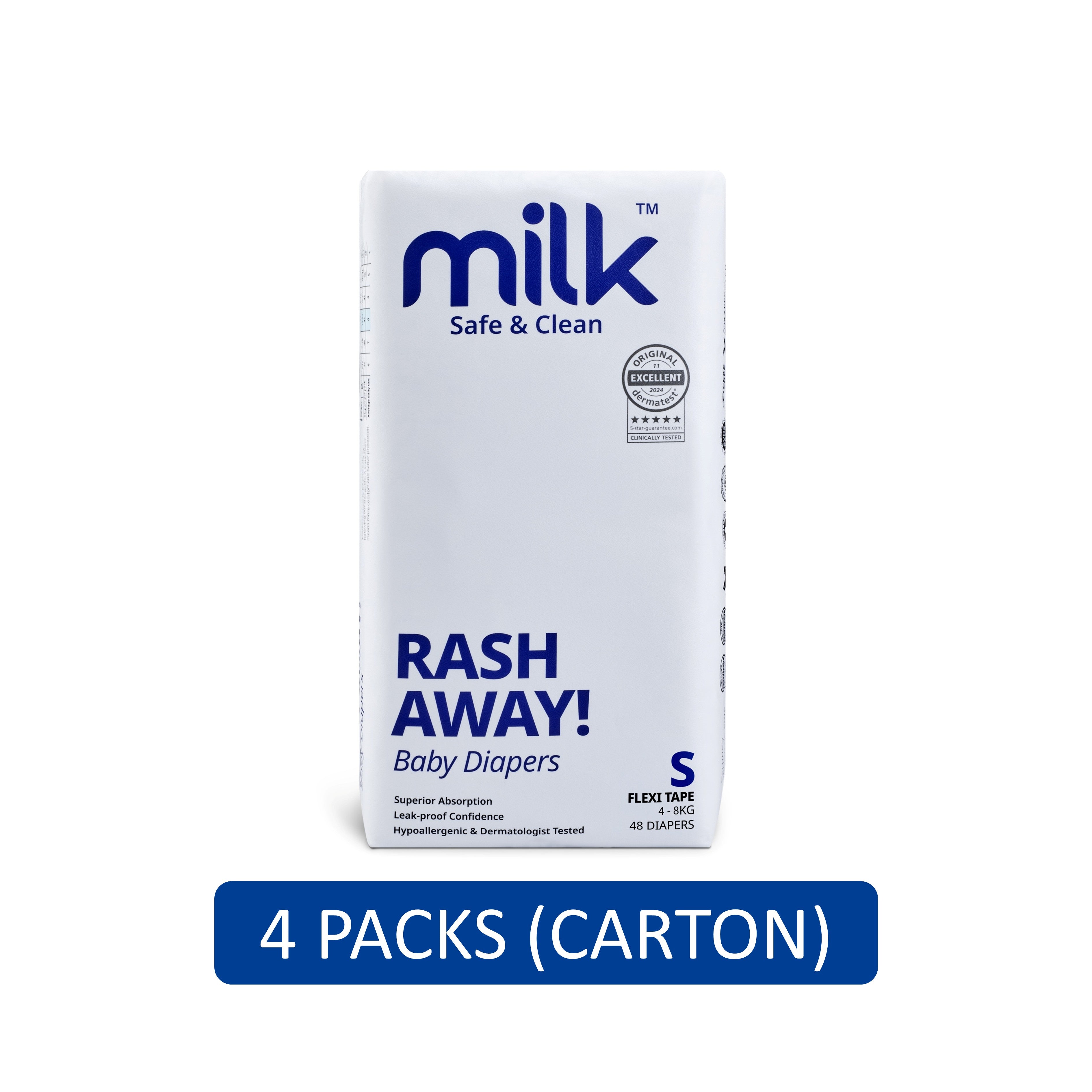Milk Baby Flexi Tape Diapers - Size S, For 4-8kg (4 x 48's) [Carton]