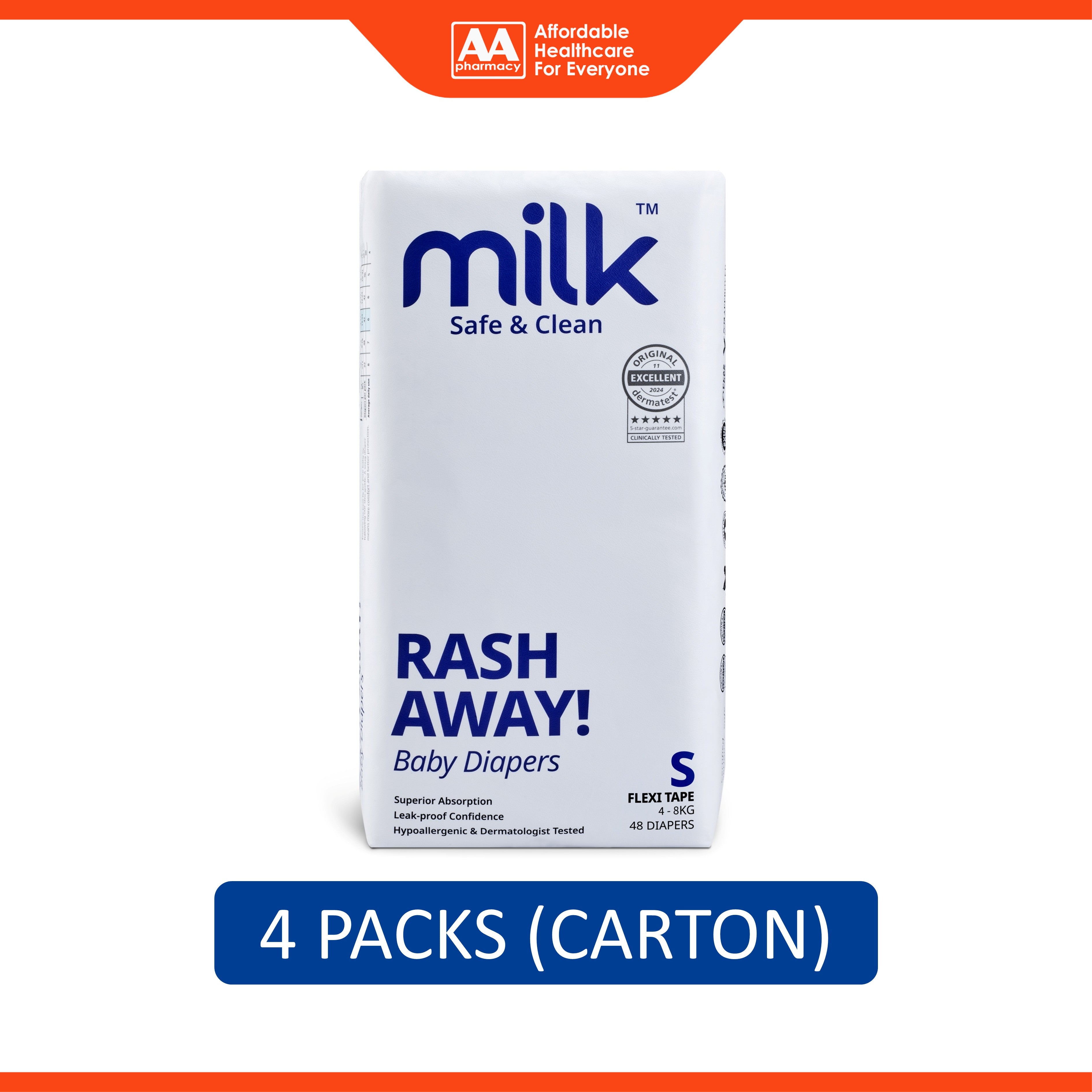 Milk Baby Flexi Tape Diapers - Size S, For 4-8kg (4 x 48's) [Carton]
