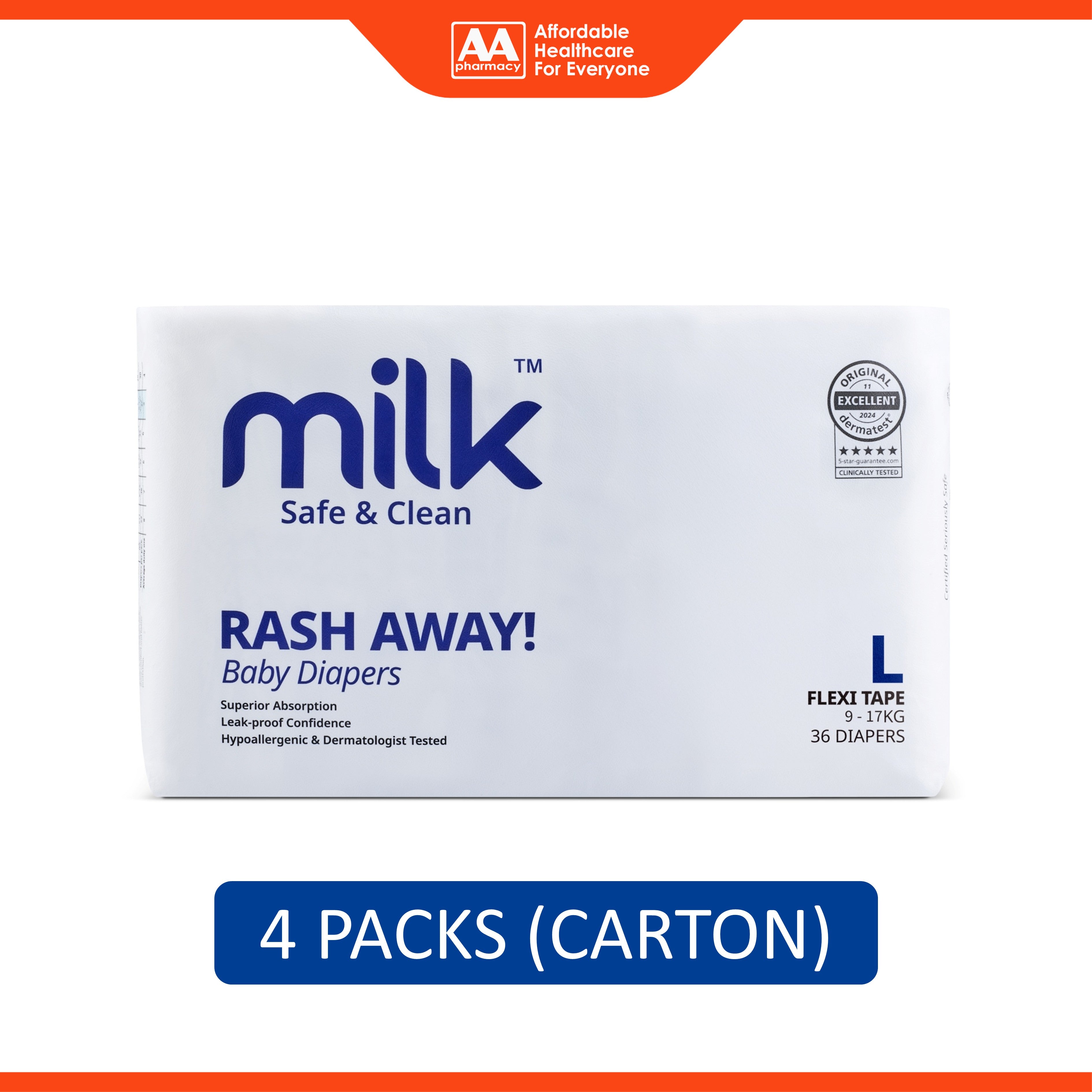 Milk Baby Flexi Tape Diapers - Size L, For 9-17kg (4 x 36's) [Carton]