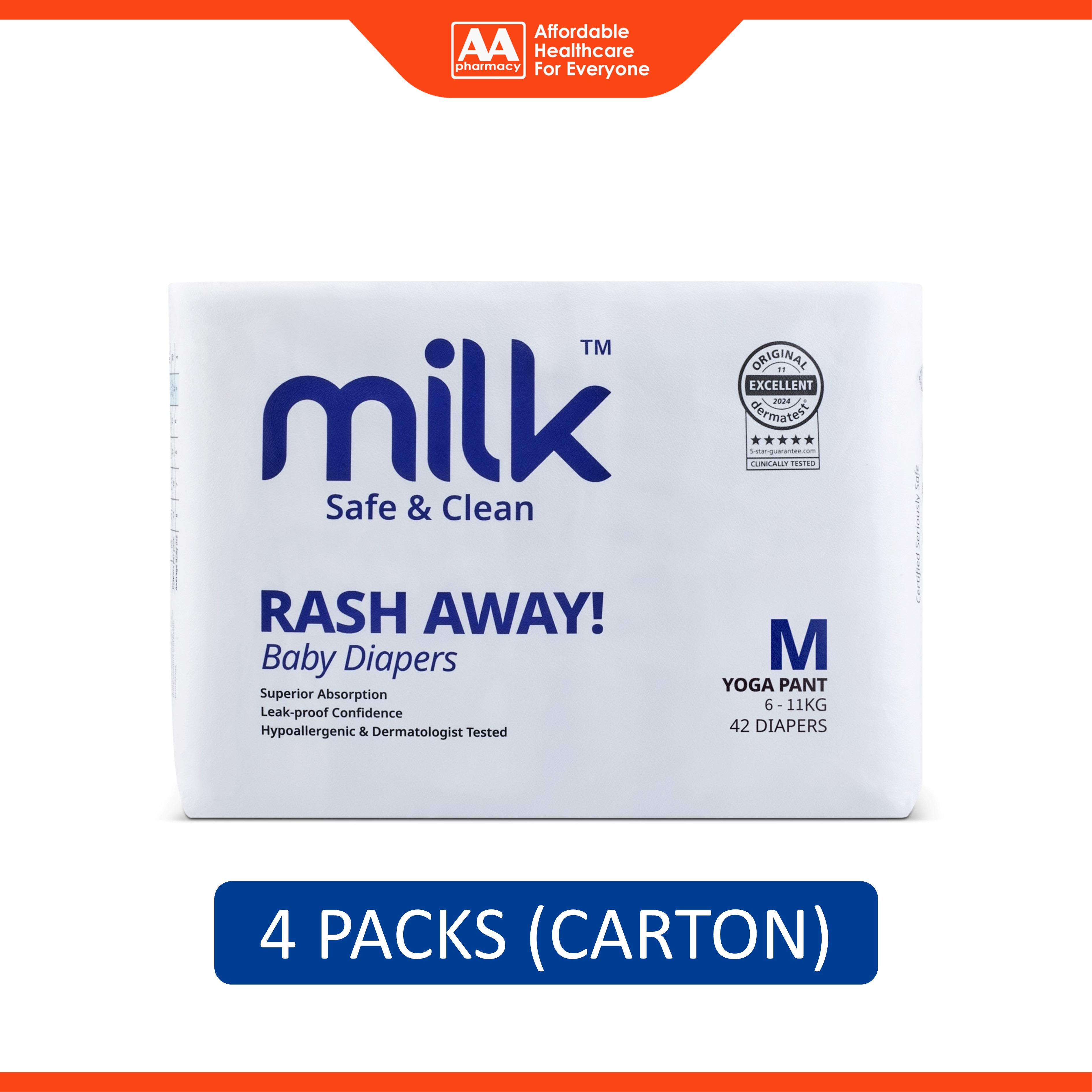 Milk Baby Diapers Yoga Pants - Size M, For 6-11kg (4 x 42's) [Carton]