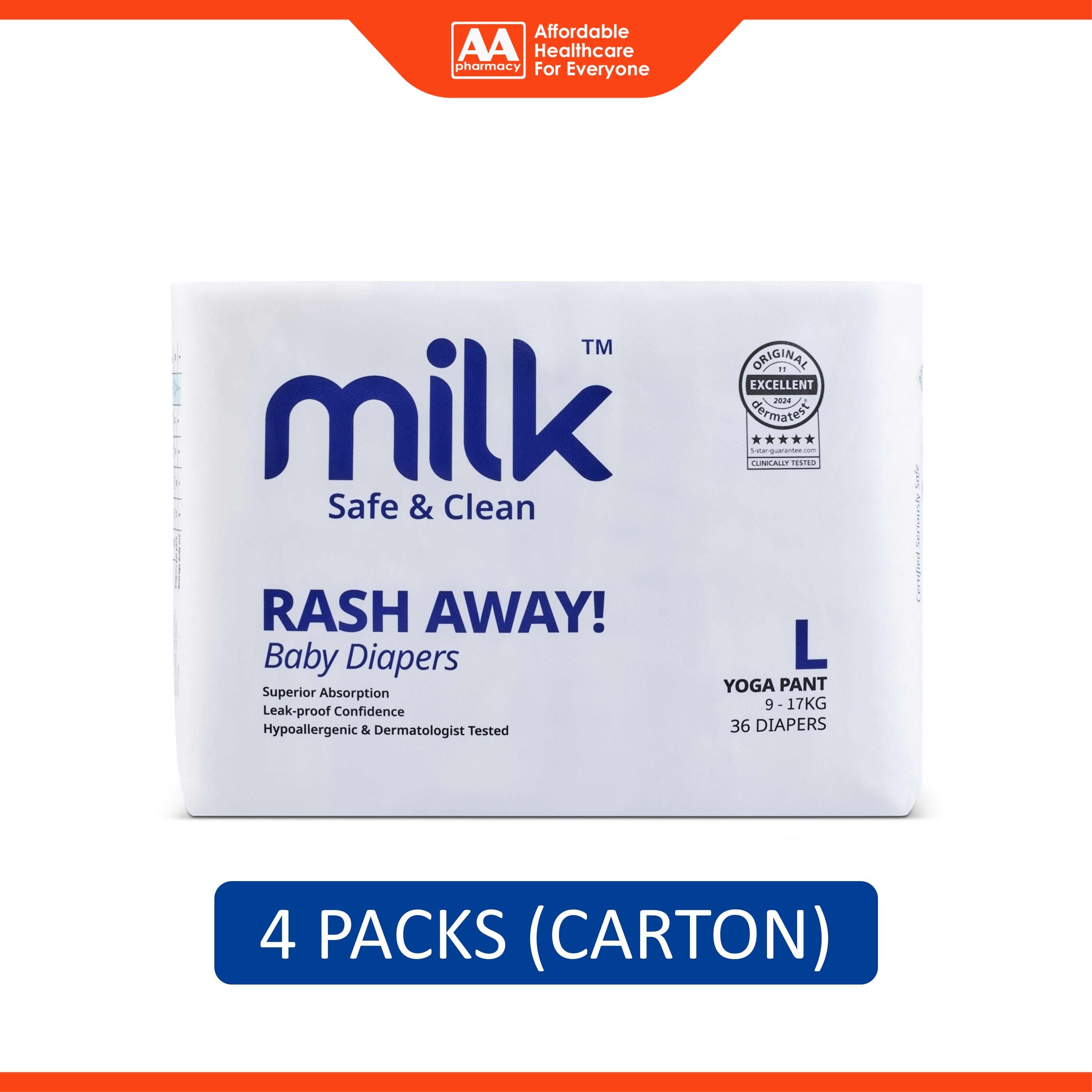 Milk Baby Diapers Yoga Pants - Size L, For 9-17kg (4 x 36's) [Carton]