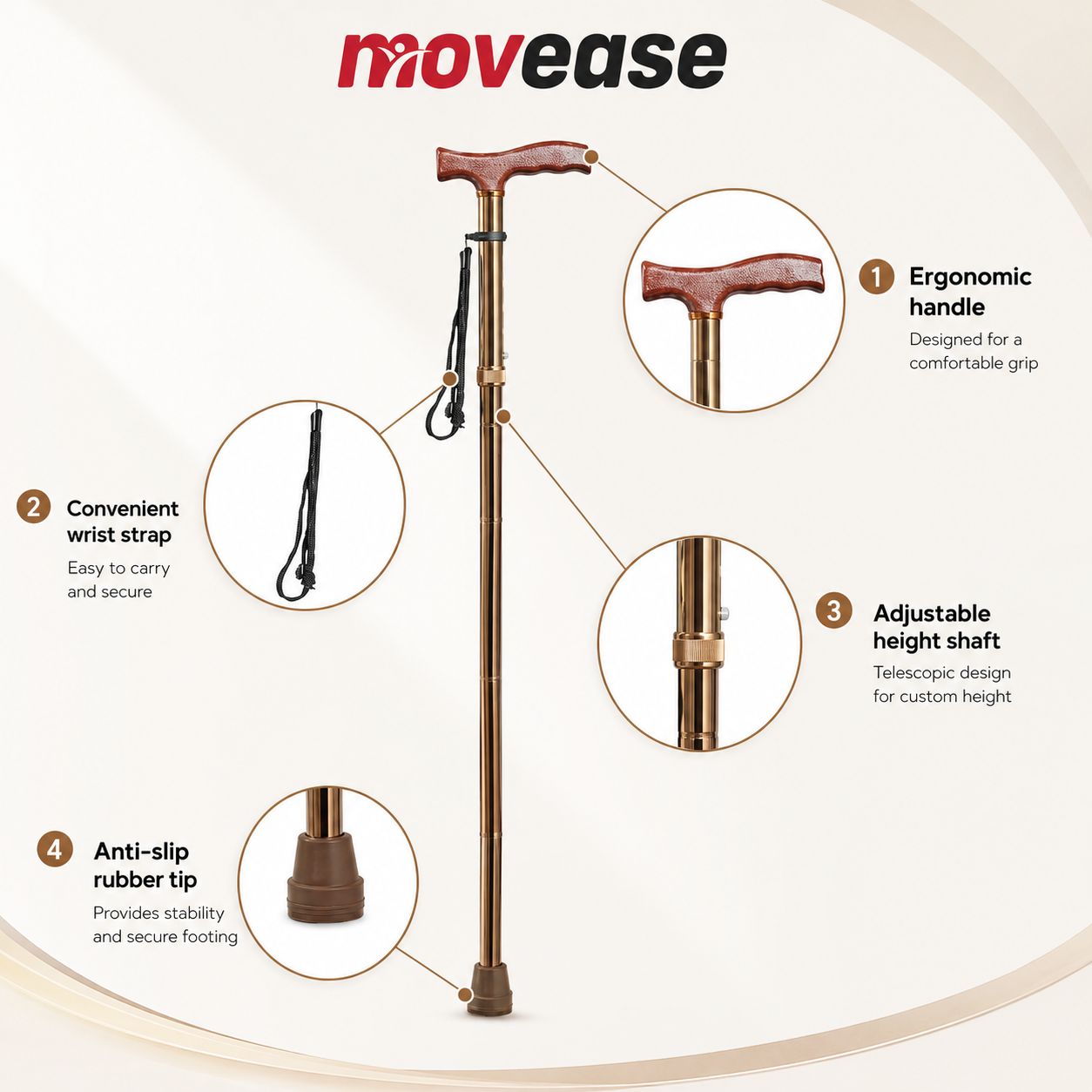 Movease Aluminium Height Adjustable Non-Foldable Walking Stick