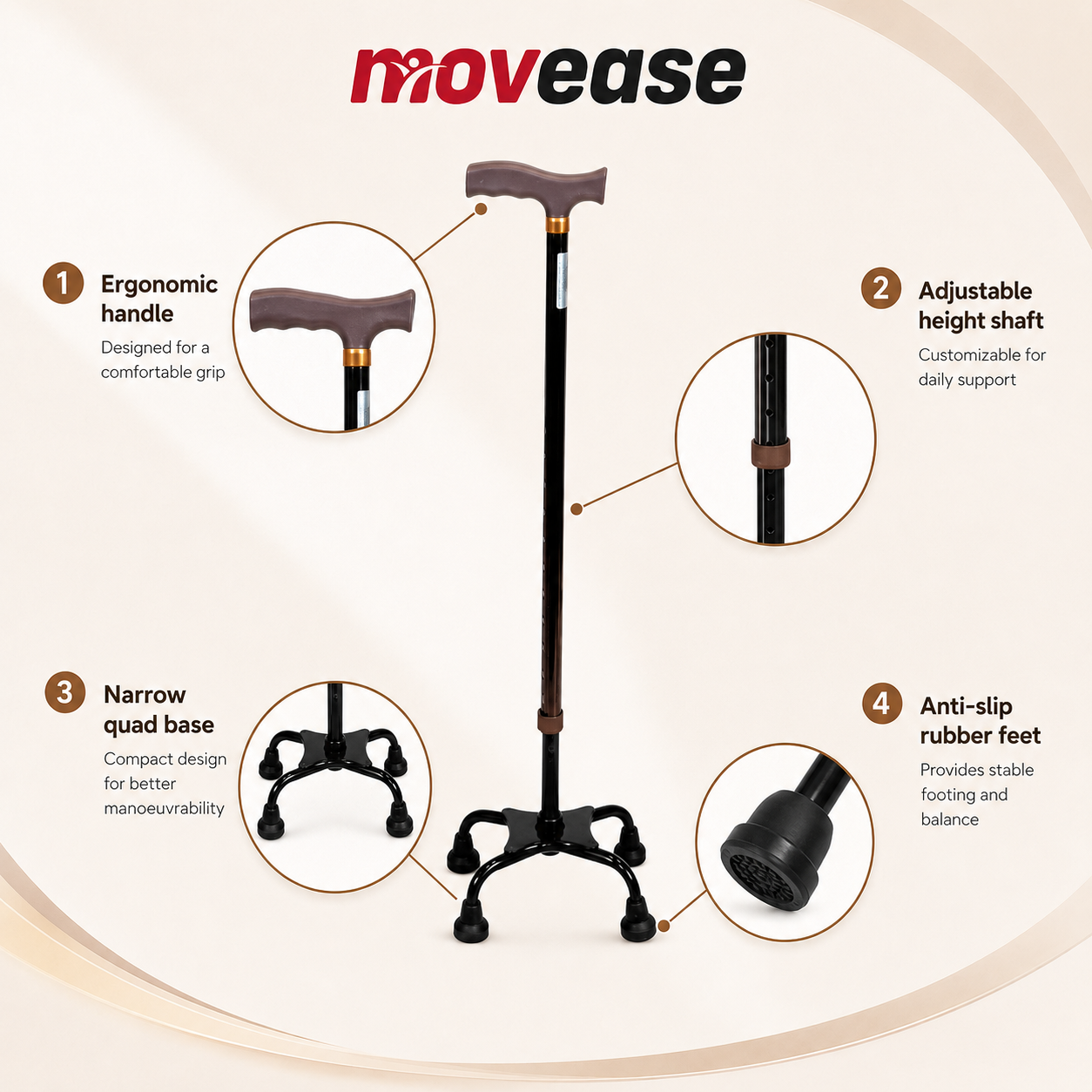 Movease Aluminium Height Adjustable Quad Cane Narrow Base