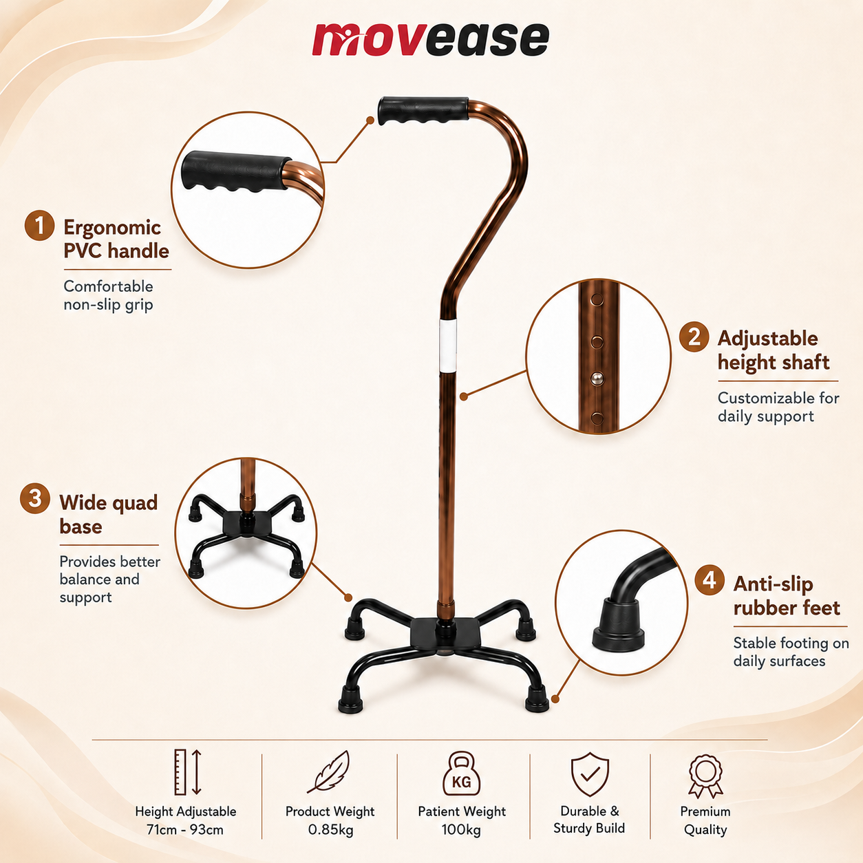Movease Aluminium Height Adjustable Quad Cane Wide Base
