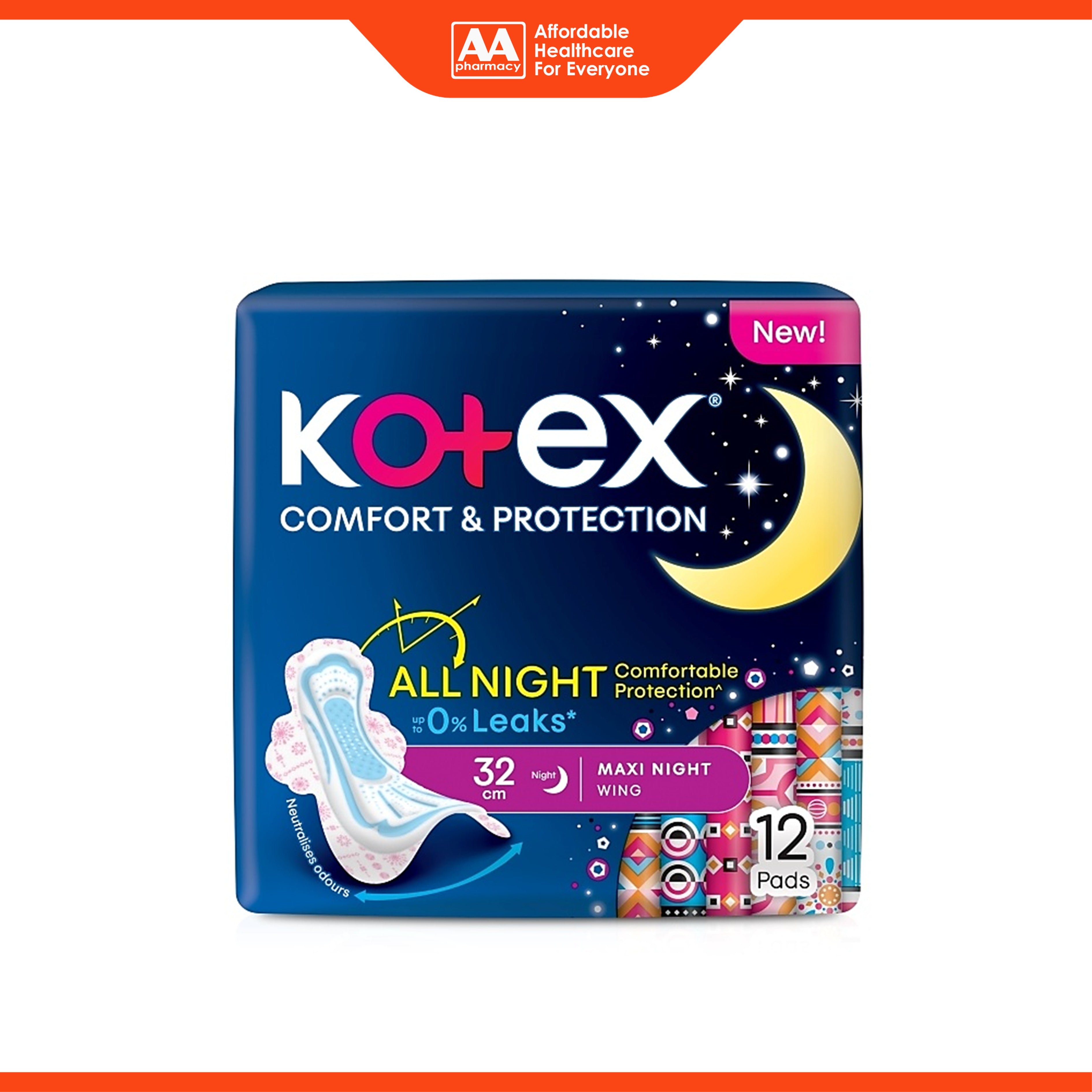 Kotex Pads - Comfort and Protection, Maxi Night Wing, 32cm (12's) [Night Use]