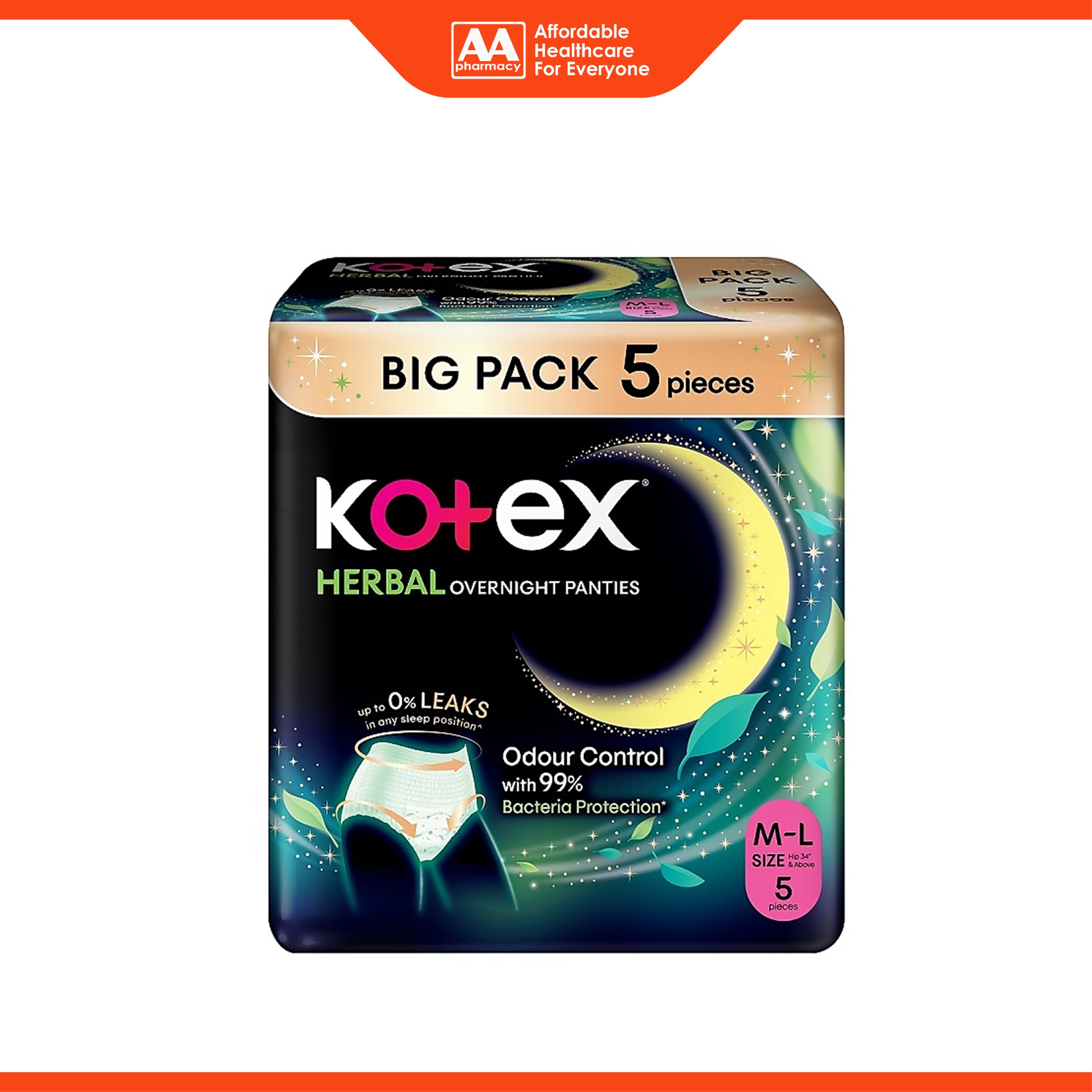 Kotex Herbal Overnight Panties - Size M-L, Hip 34-41 Inches (5's)