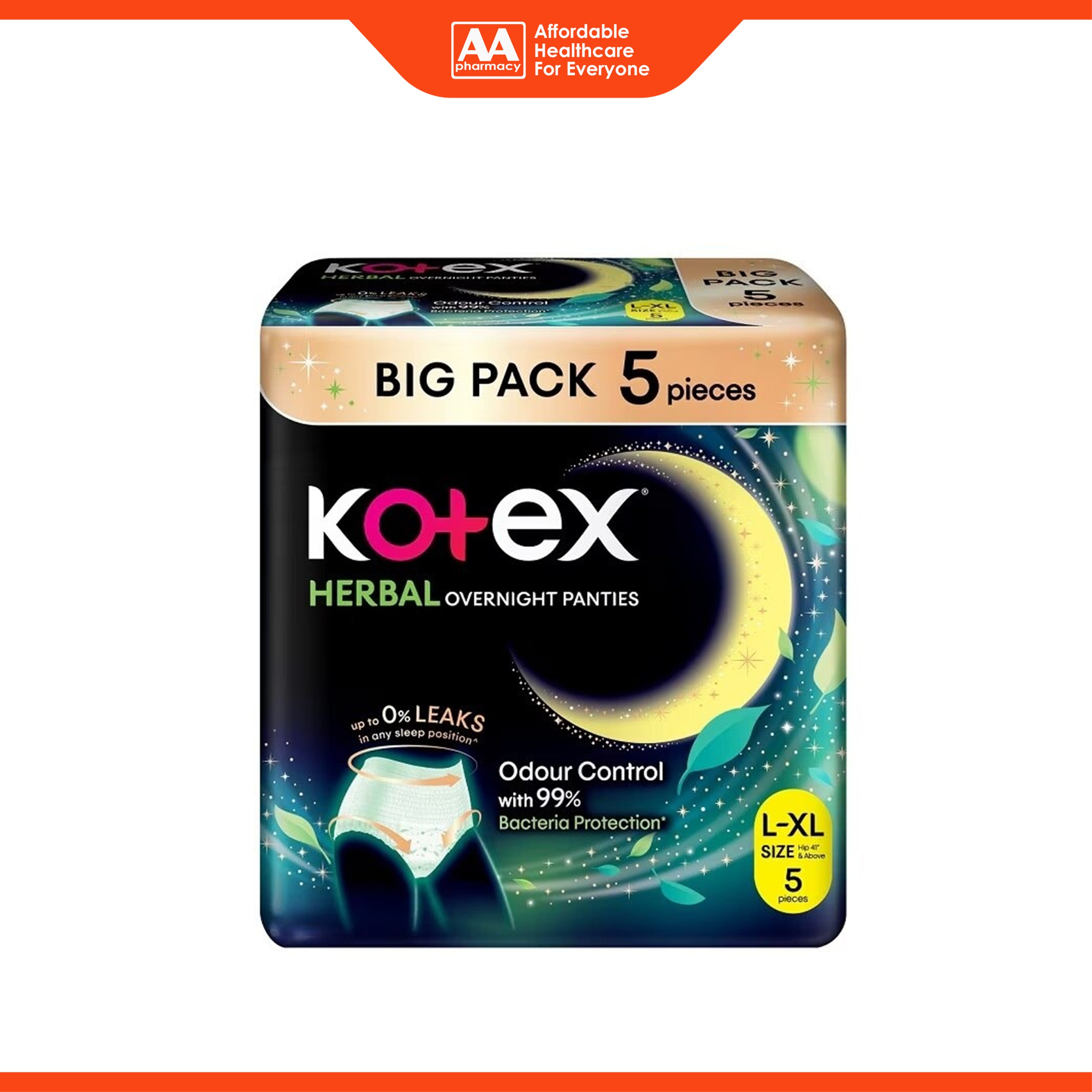 Kotex Herbal Overnight Panties - Size L-XL, Hip 41 Inches and Above (5's)